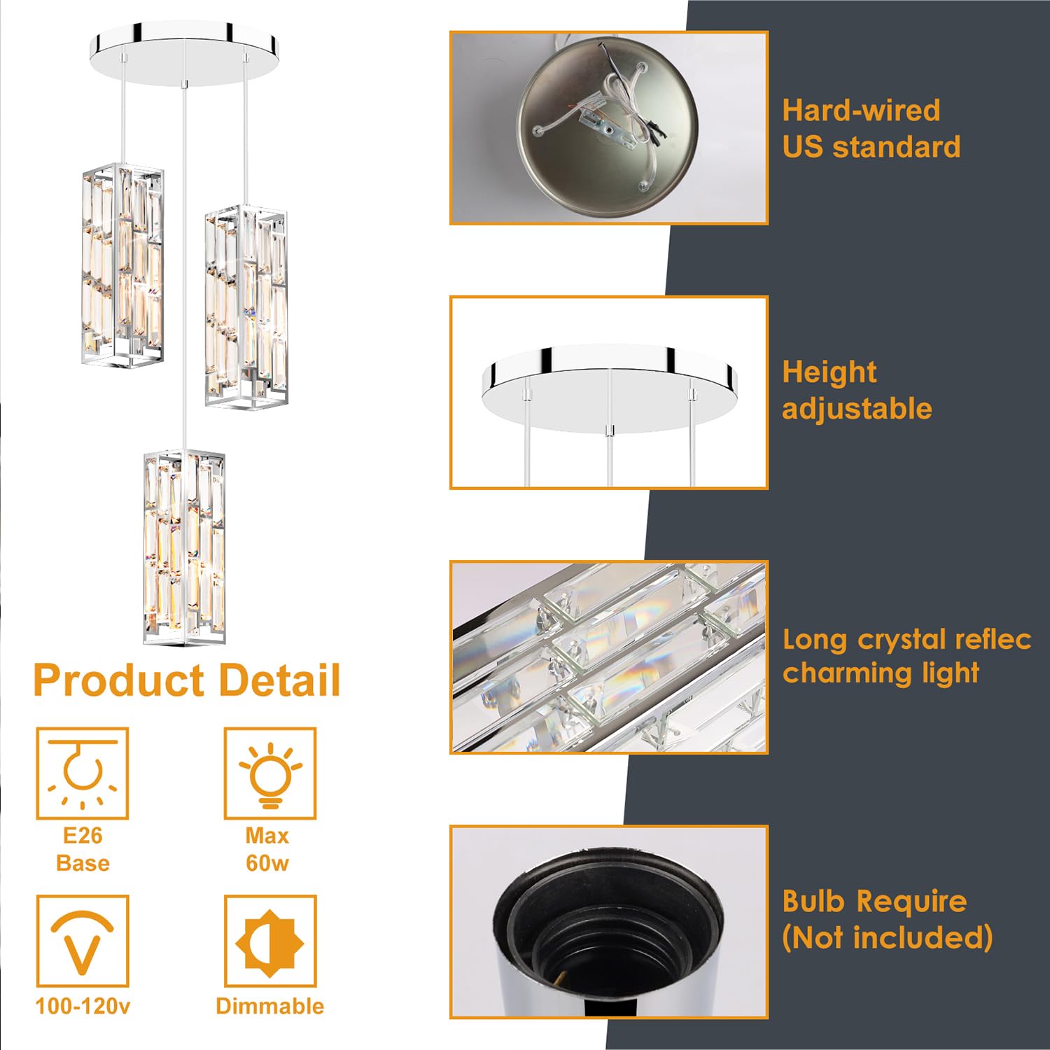 Aoceley 3-Light Chrome Pendant Lights Modern Pendant Light Fixture, Mini Crystal Pendant Ceiling Light, Pendant Light For Kitche