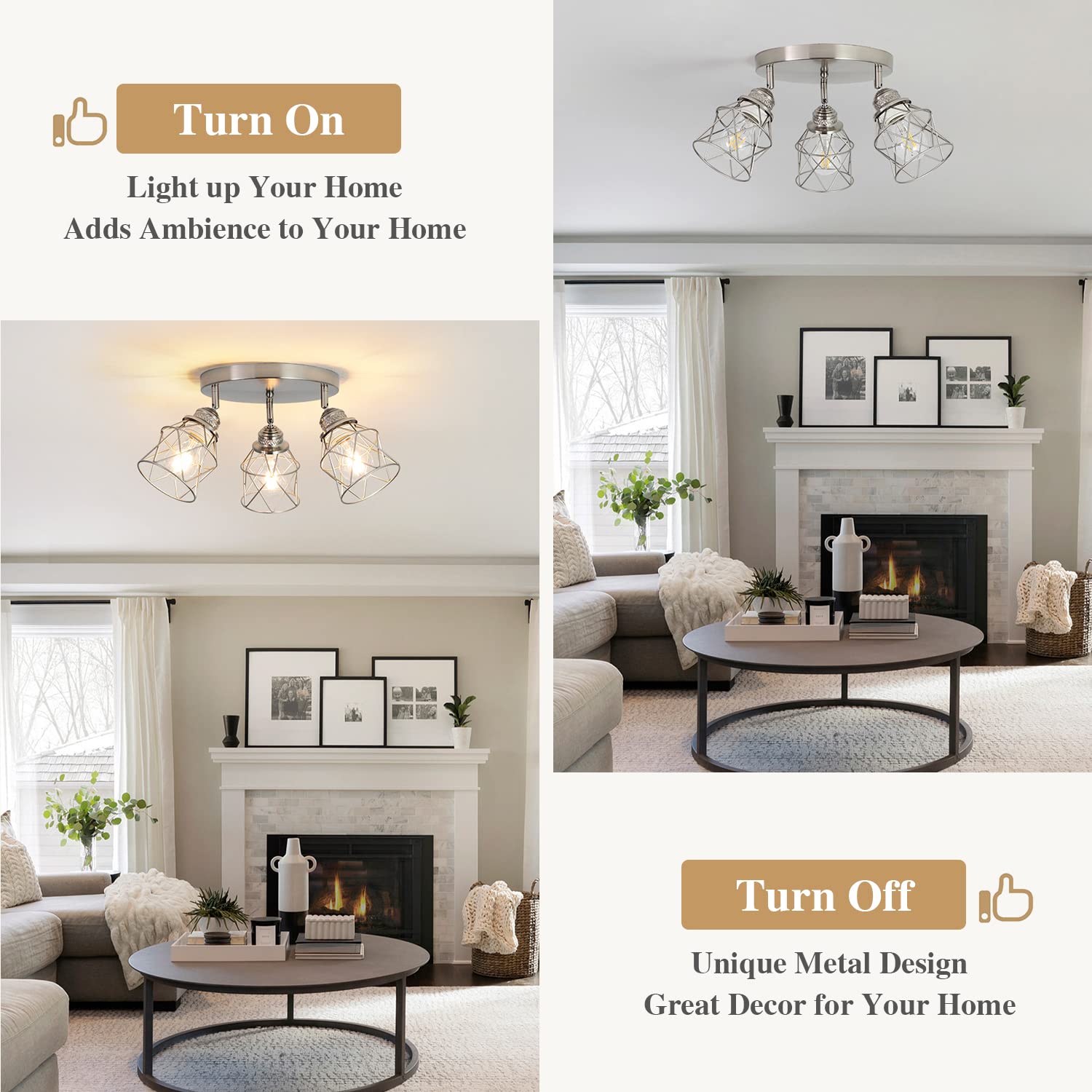 Abeajat Kitchen Light Fixtures Ceiling Mount, 3-Lights Multi-Directional Ceiling Lamp With E26 Base, Adjustable Flush Mount Ceil