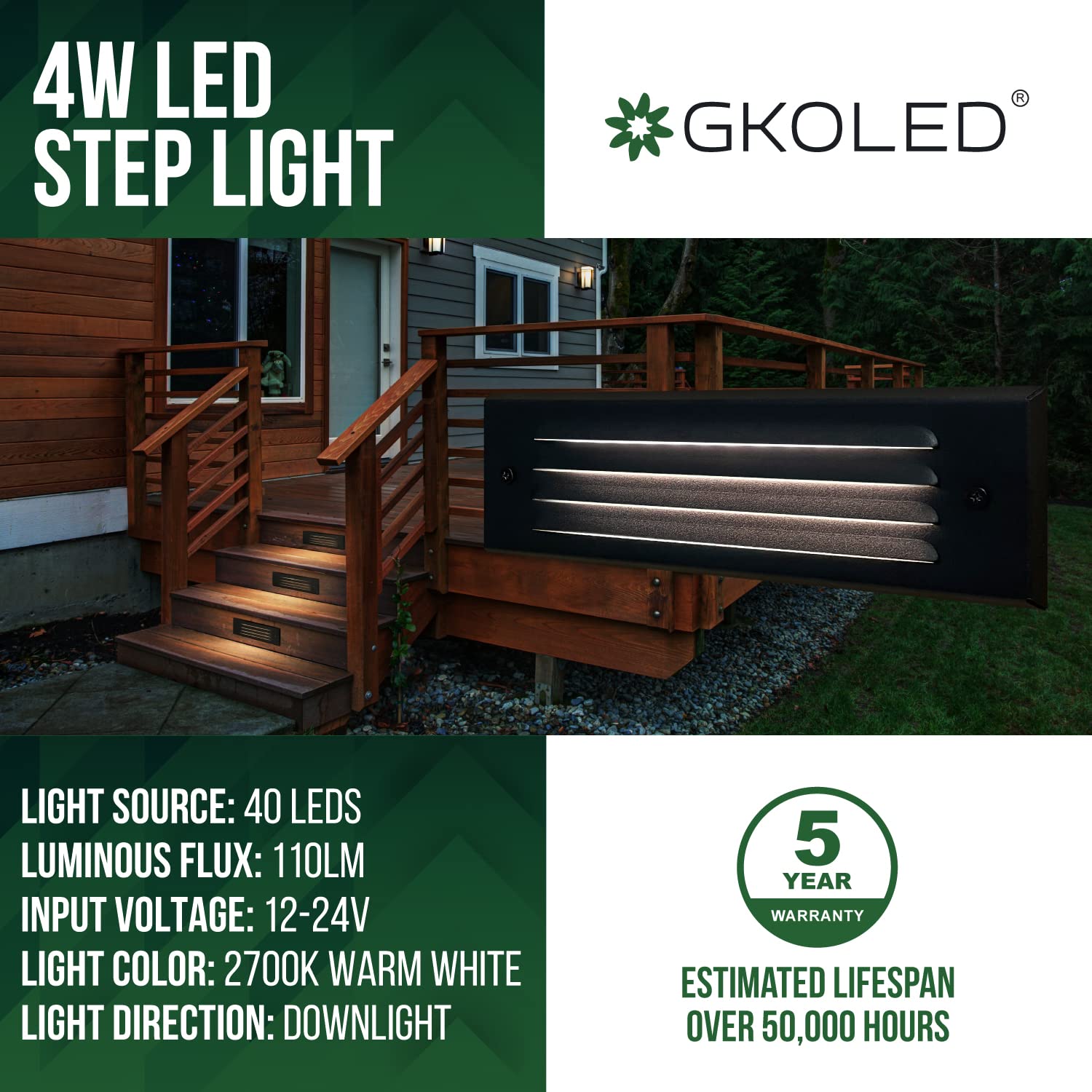GKOLED 4W Low Voltage LED Step Lights - 6 Pack, 2700K, IP65, Aluminum, Black, Surface Mount with Louvered Faceplate