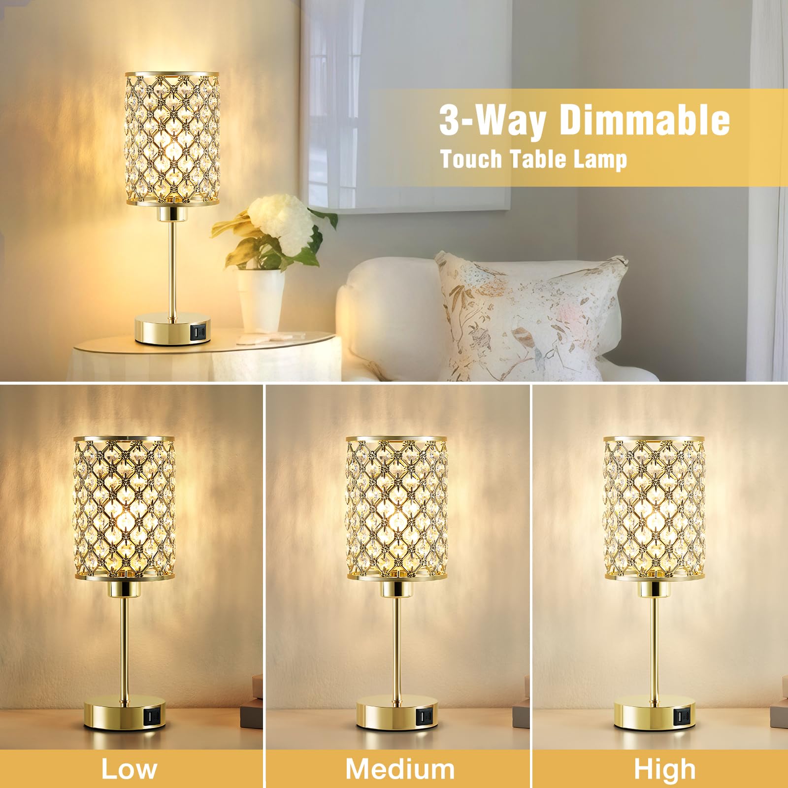 Crystal Table Lamp, Gold Touch Lamp For Nightstand With Usb C+A Ports, 3 Way Dimmable Lamp With Crystal Shade, Bedside Lamp Smal
