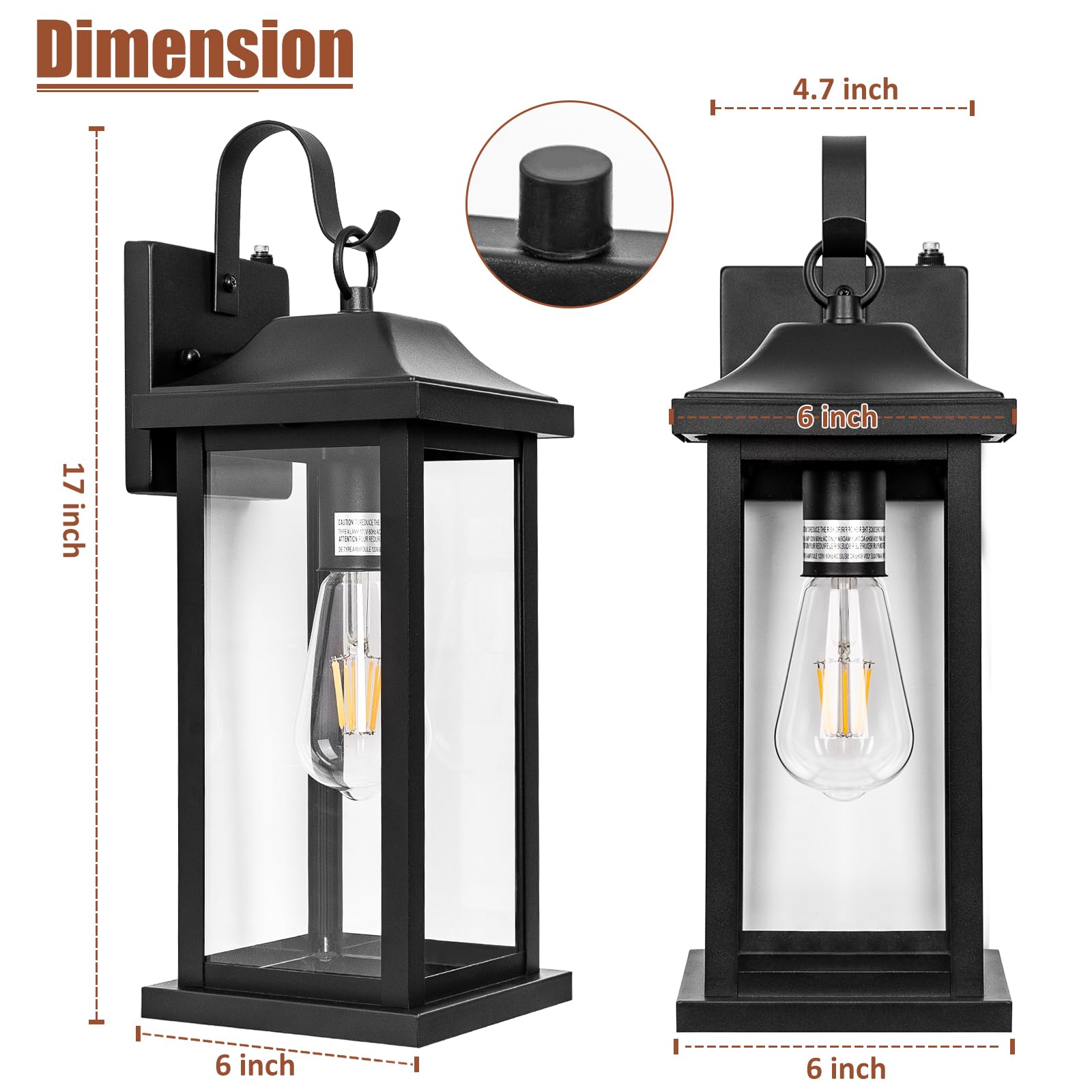 Roravilila 2-Pack Dusk To Dawn Large Outdoor Wall Lights 17 Inch, Exterior Light Fixtures Porch Lights Tempered Clear Glass, Ip6