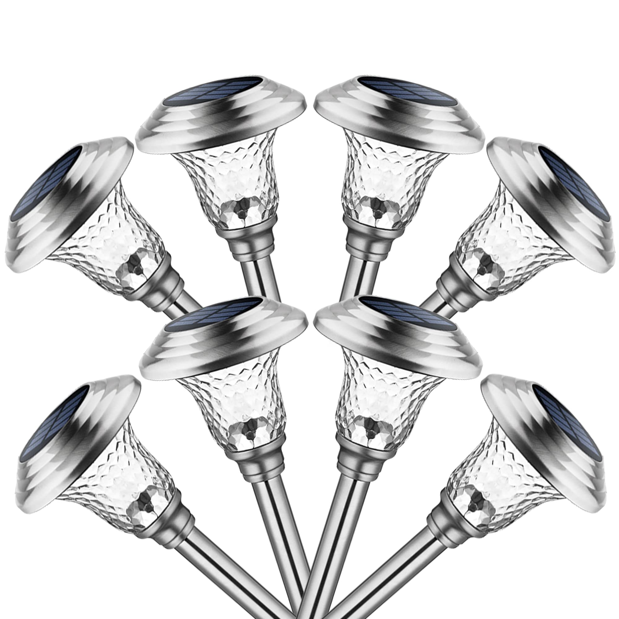 GIGALUMI Solar Pathway Lights 8 Pack, Waterproof LED Garden Lights, Warm White, Stainless Steel, Outdoor Landscape & Walkway Lighting