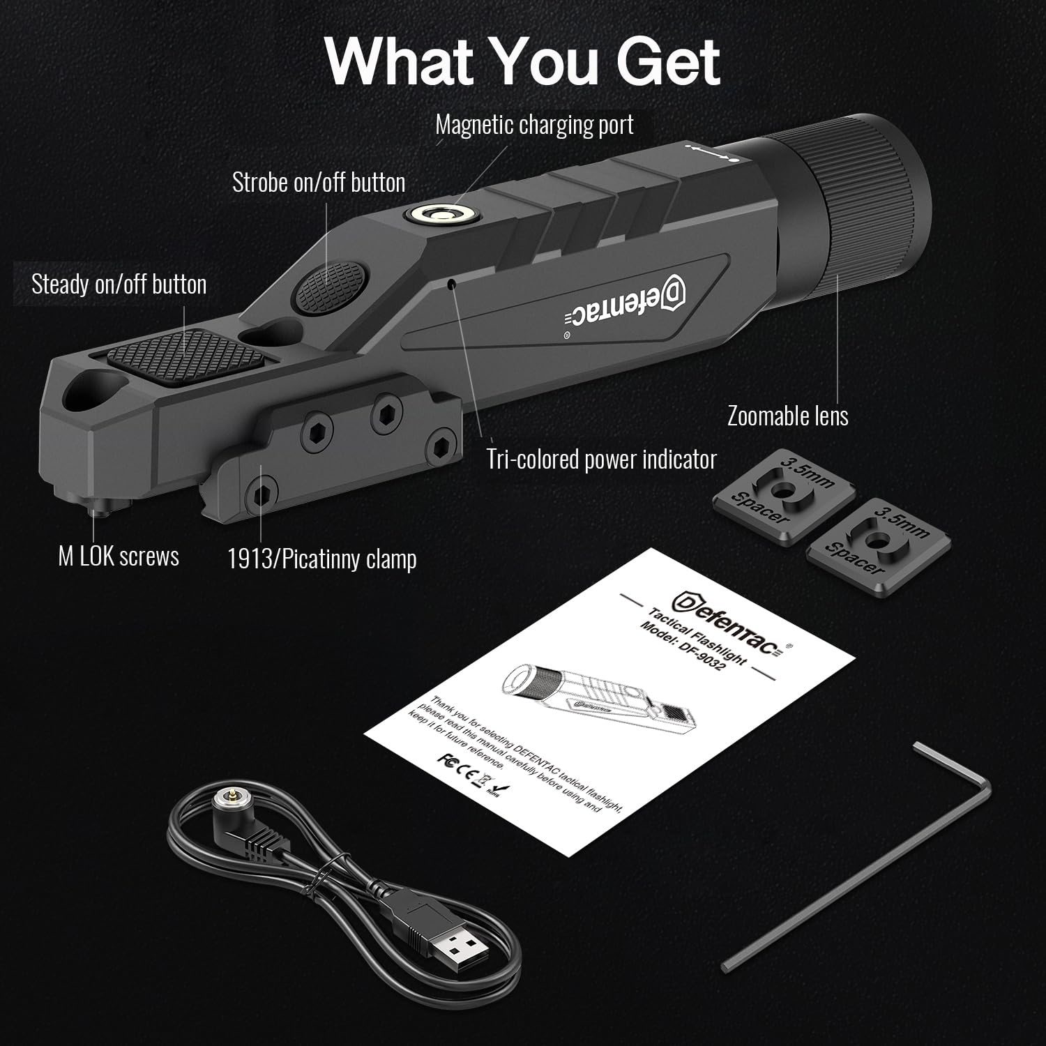 DEFENTAC Tactical Flashlight 1750lm Zoomable with Pressure Switch, M-Lok/Picatinny, Magnetic Rechargeable, Polymer, Model DF-9032-SJ