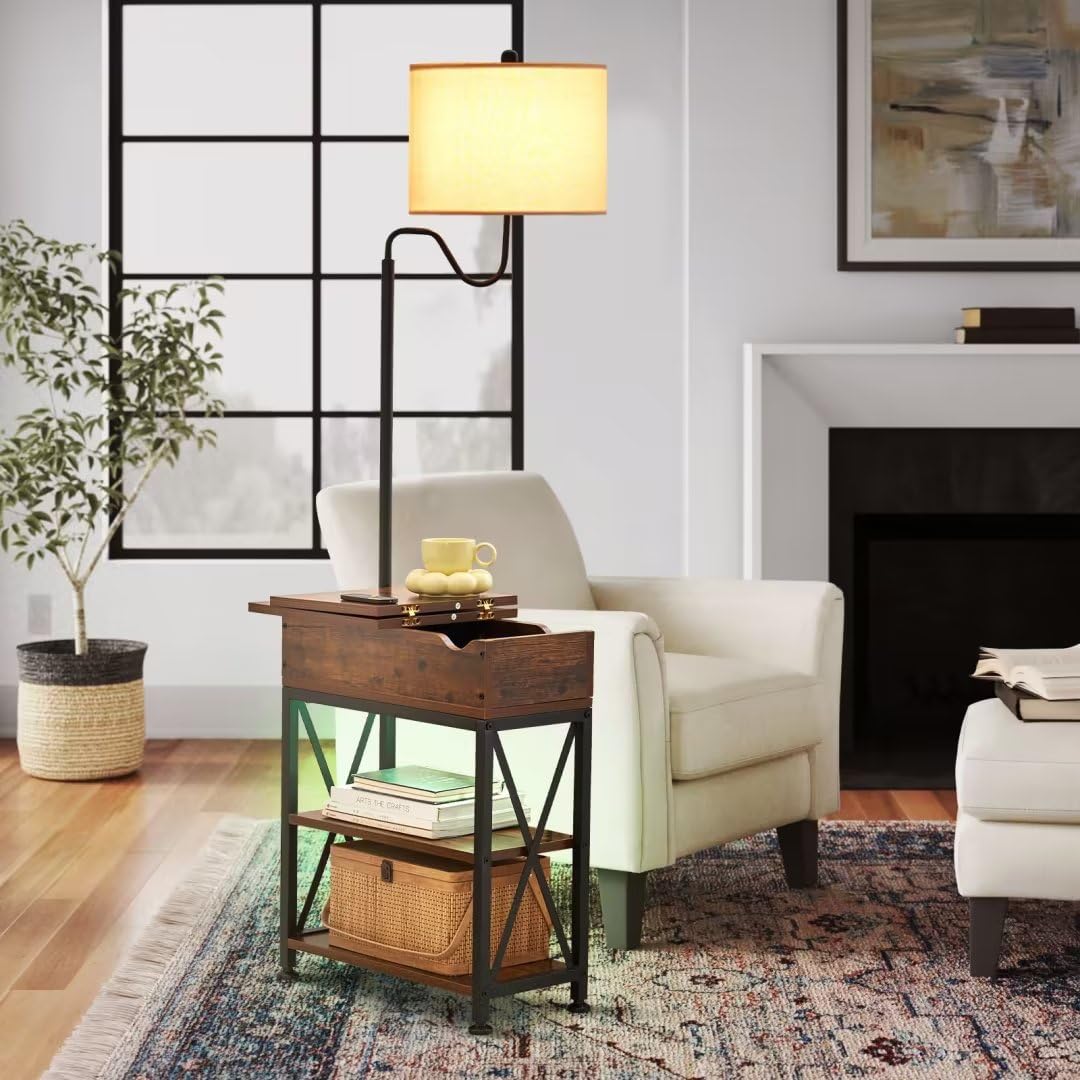 Dungoo Floor Lamp with Table, LED Lights & Remote, Narrow Nightstand with USB/AC Outlets, Brown, Model DG-BG-LEDL