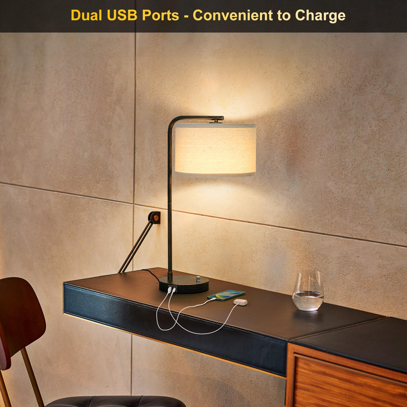 Bedside Table Lamp With Usb C+A Charging Ports, Fully Dimmable Industrial Tall Nightstand Reading Desk Lamp For Bedroom, Living
