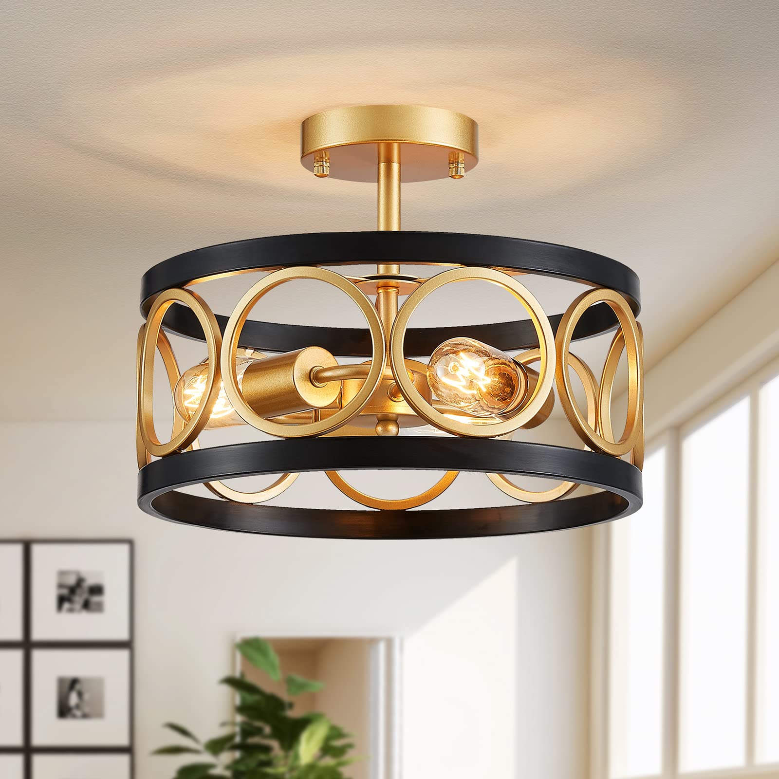 Xingqi Modern Semi Flush Mount Ceiling Light Fixture, Drum Chandelier With Metal Shade Farmhouse Round Ceiling Lamp For Living Dining Room Bedroom, Black And Gold 13"