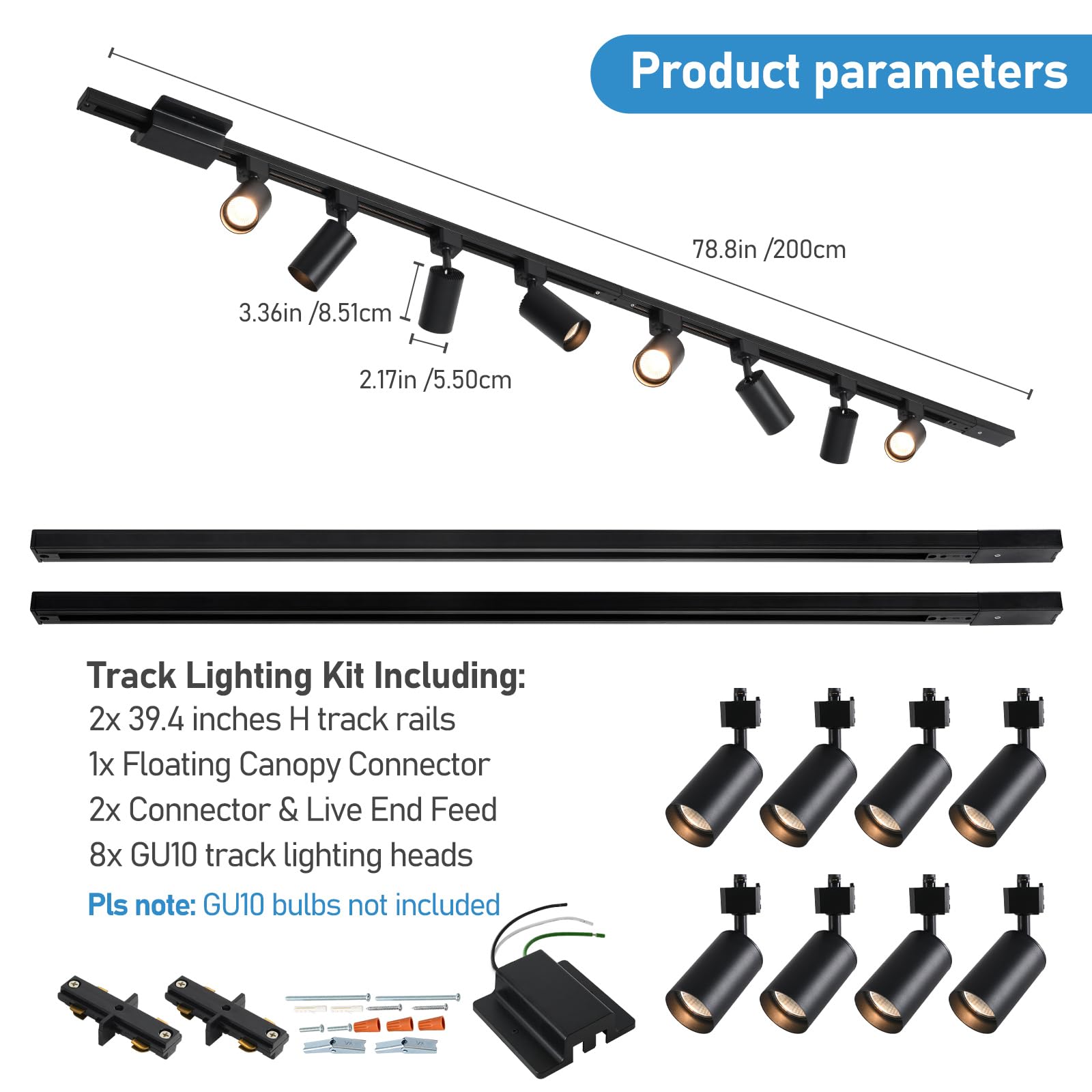 Hiiglxii 8-Light Led Track Lighting Kit With 6.6Ft H Track Lighting Rails & Floating Canopy Connector  Gu10 Track Light Kit  Modern Kitchen Track Lighting Fixtures Ceiling Spot Light  Black (No Bulbs)