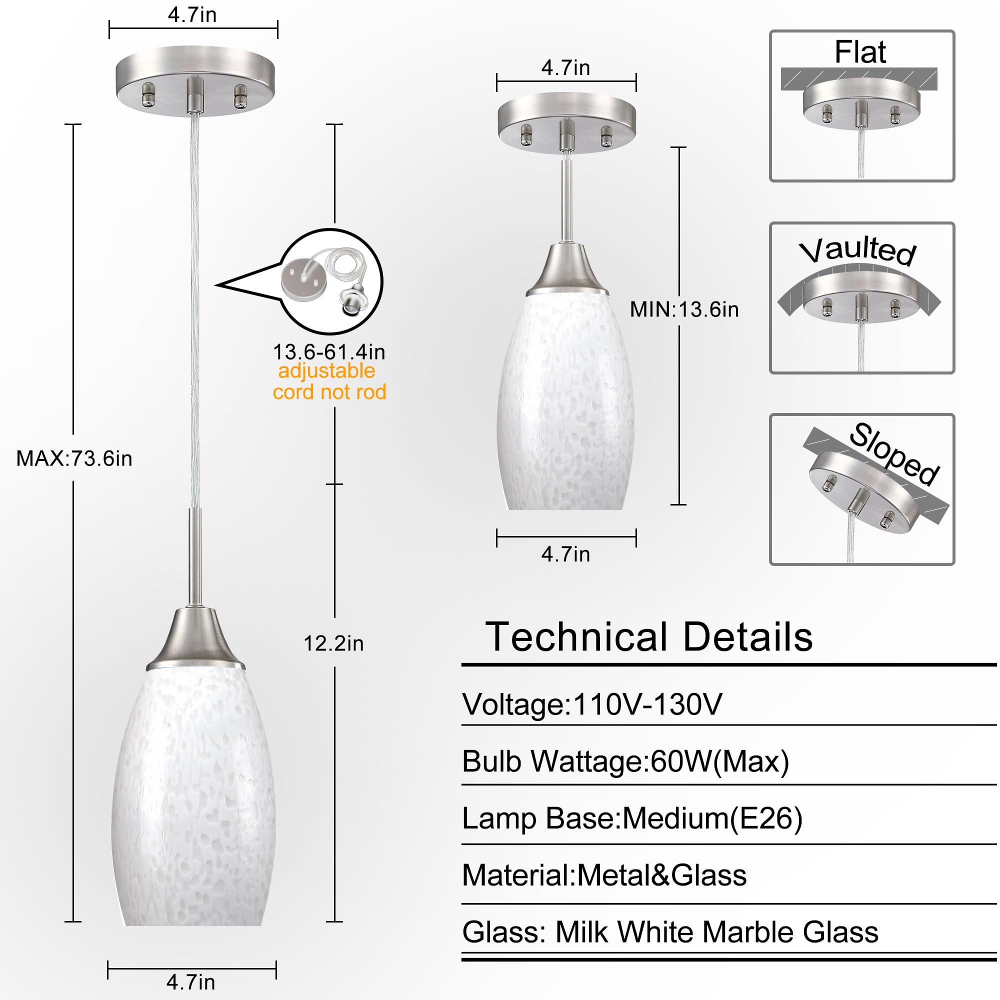 Viinew Mini Glass Pendant Lights 1-Pack Kitchen Island Handblown Milky White Art Glass Lamp Shade With Adjustable Cord Hanging P
