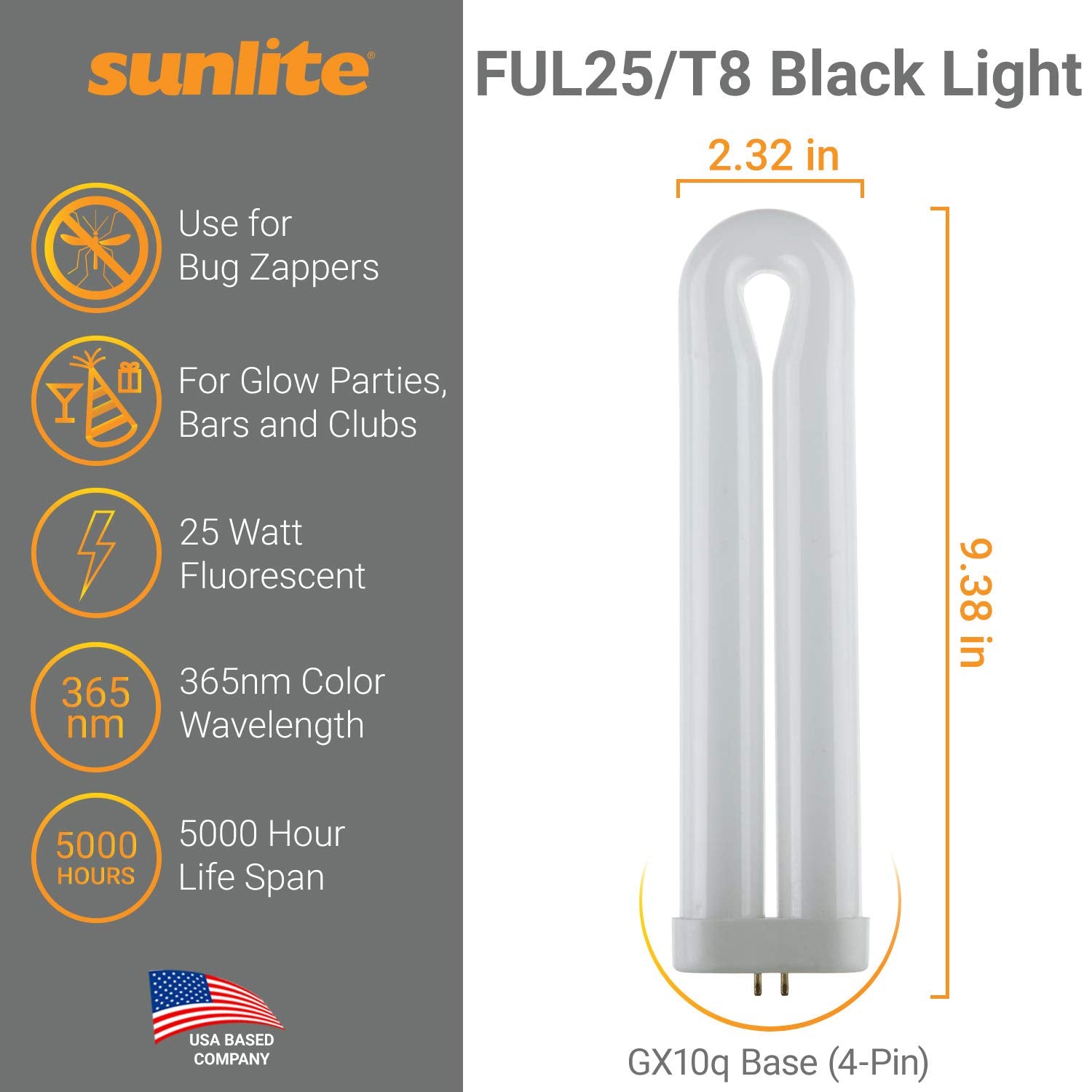 Sunlite FUL25T8 Fluorescent Black Light Bulb, 25W, GX10q 4-Pin, UV Light, 365nm, 1 Count, Blacklight