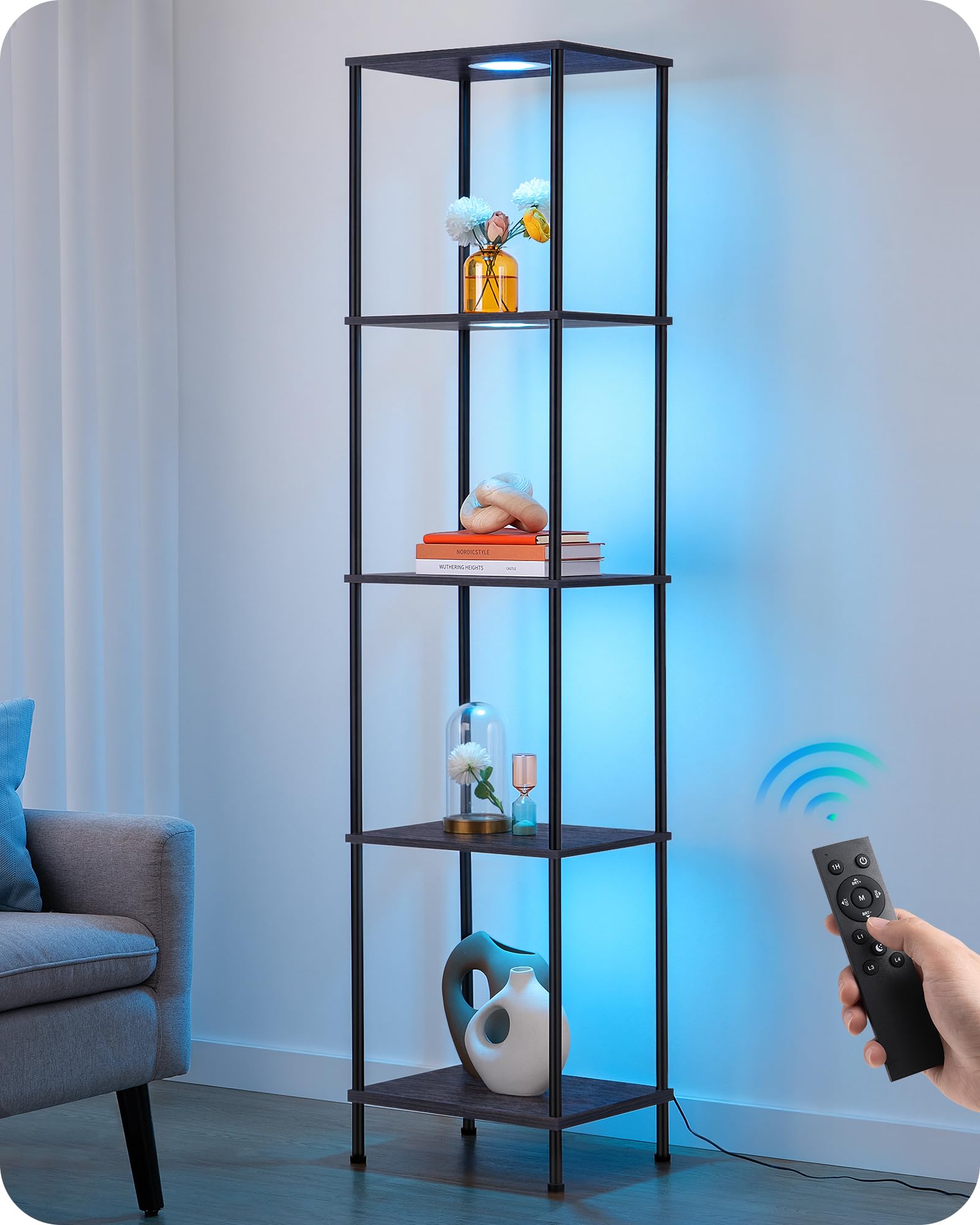 EDISHINE RGBW Floor Lamp with 5Tier Display Shelf, 3 Modes Remote, Black