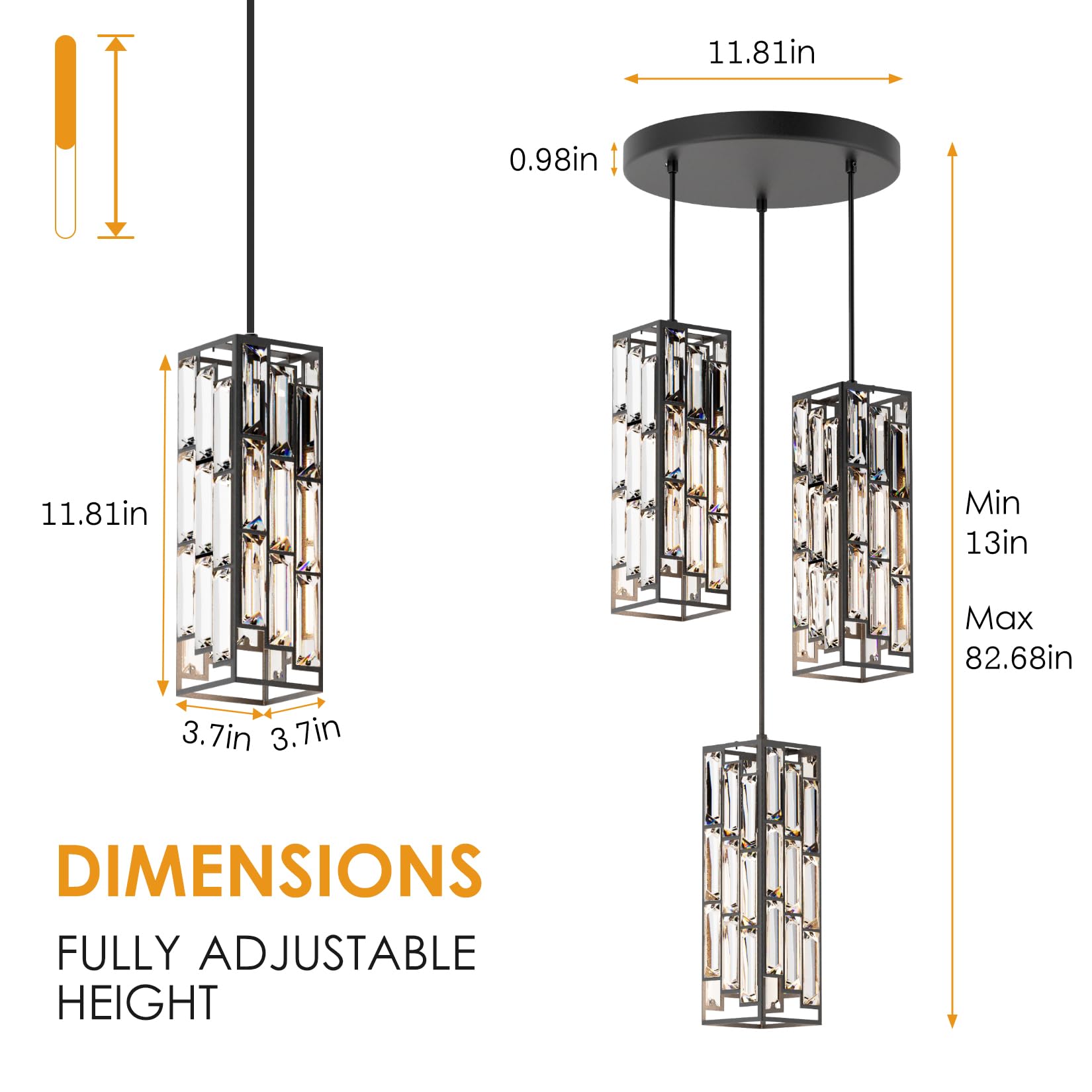 Aoceley 3-Light Black Pendant Lights Modern Pendant Light Fixture, Mini Crystal Pendant Ceiling Light, Pendant Light For Kitchen