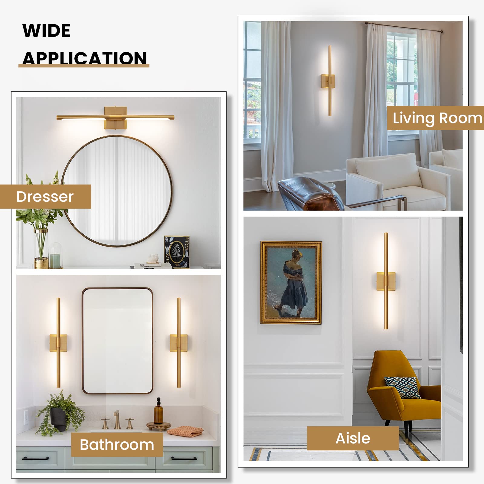 Faziyo Gold Vanity Light Fixtures For Bathroom Over Mirror 24 Inch Led Morden Bathroom Sconce 4000K Picture Lights For Paintings