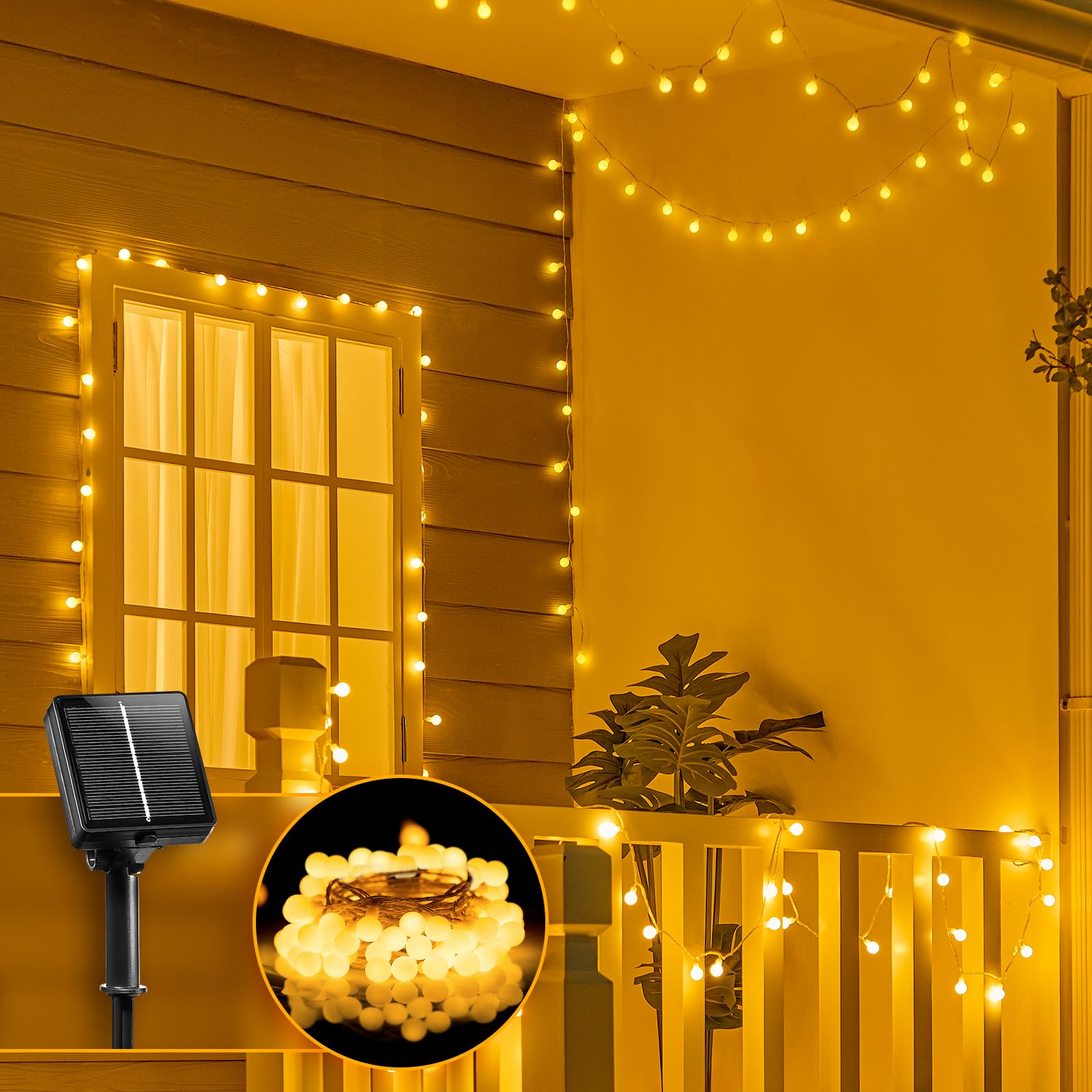 Brightown Solar String Lights, 60 LED Globe Lights, 19.6Ft, Waterproof, 8 Modes, Warm White