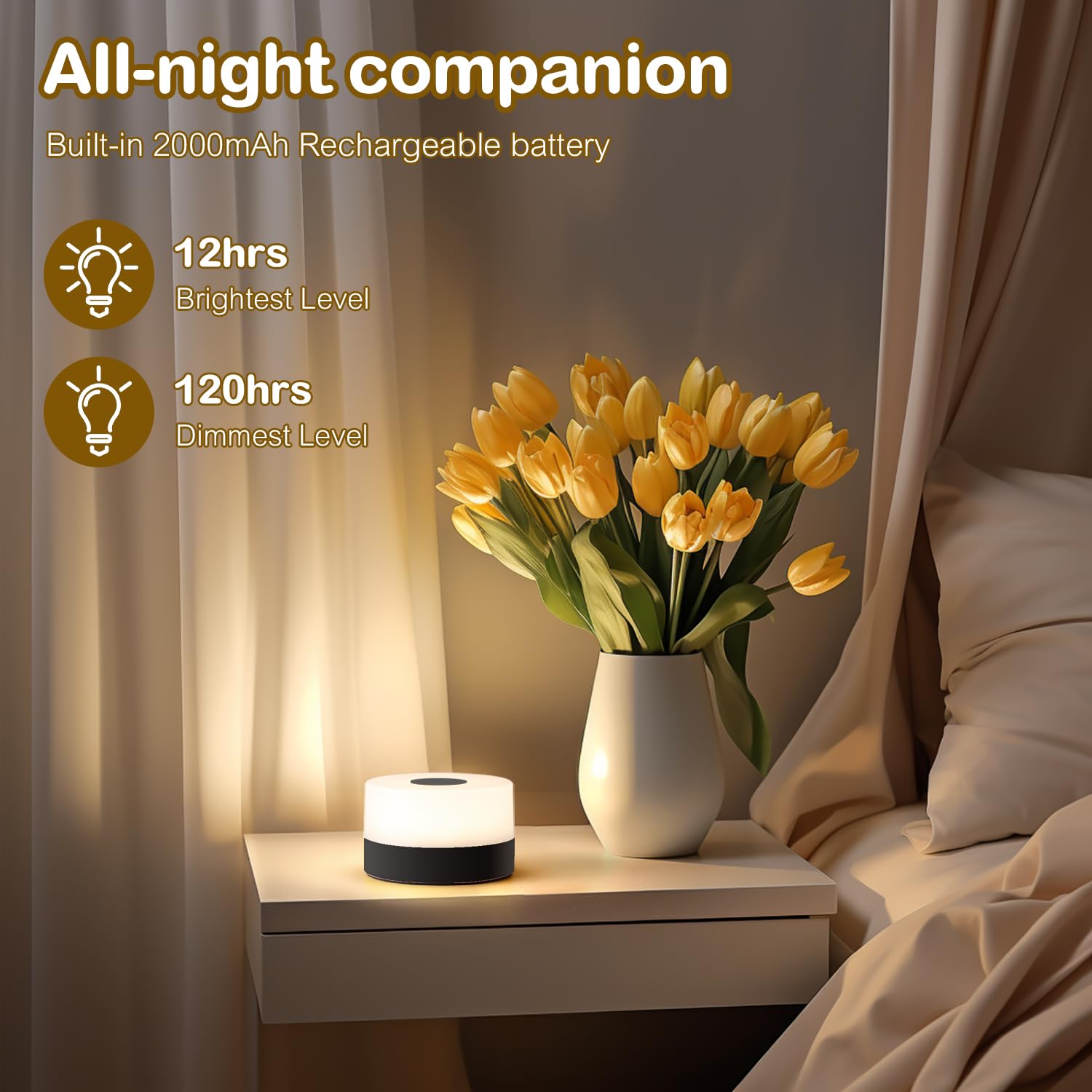 JUSHENG Nursery Night Light, Portable LED Touch Lamp, Dimmable, 3CCT Function, Acrylic, Black, Model CG0025BK