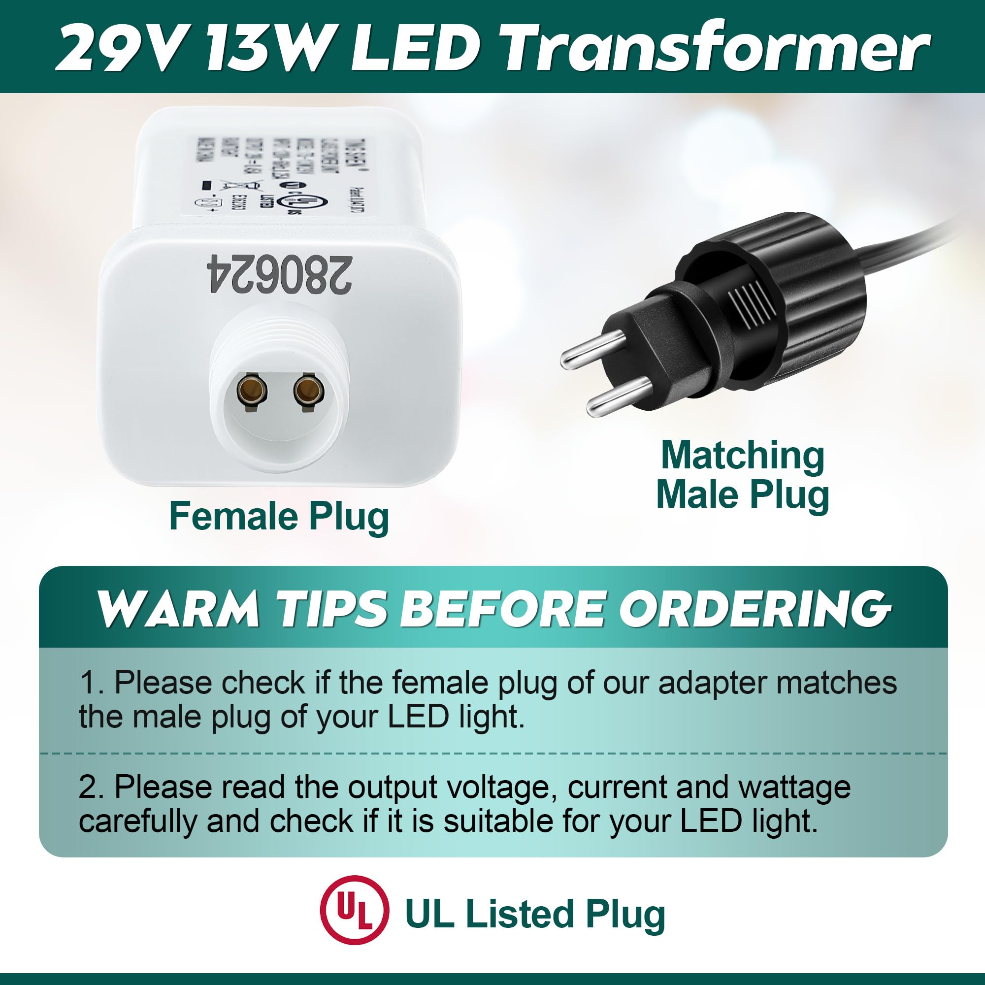 Enhon 29V LED Power Supply, UL Certified Transformer, US Plug Adapter for Christmas Tree Lights, Model TS-13W29V, White