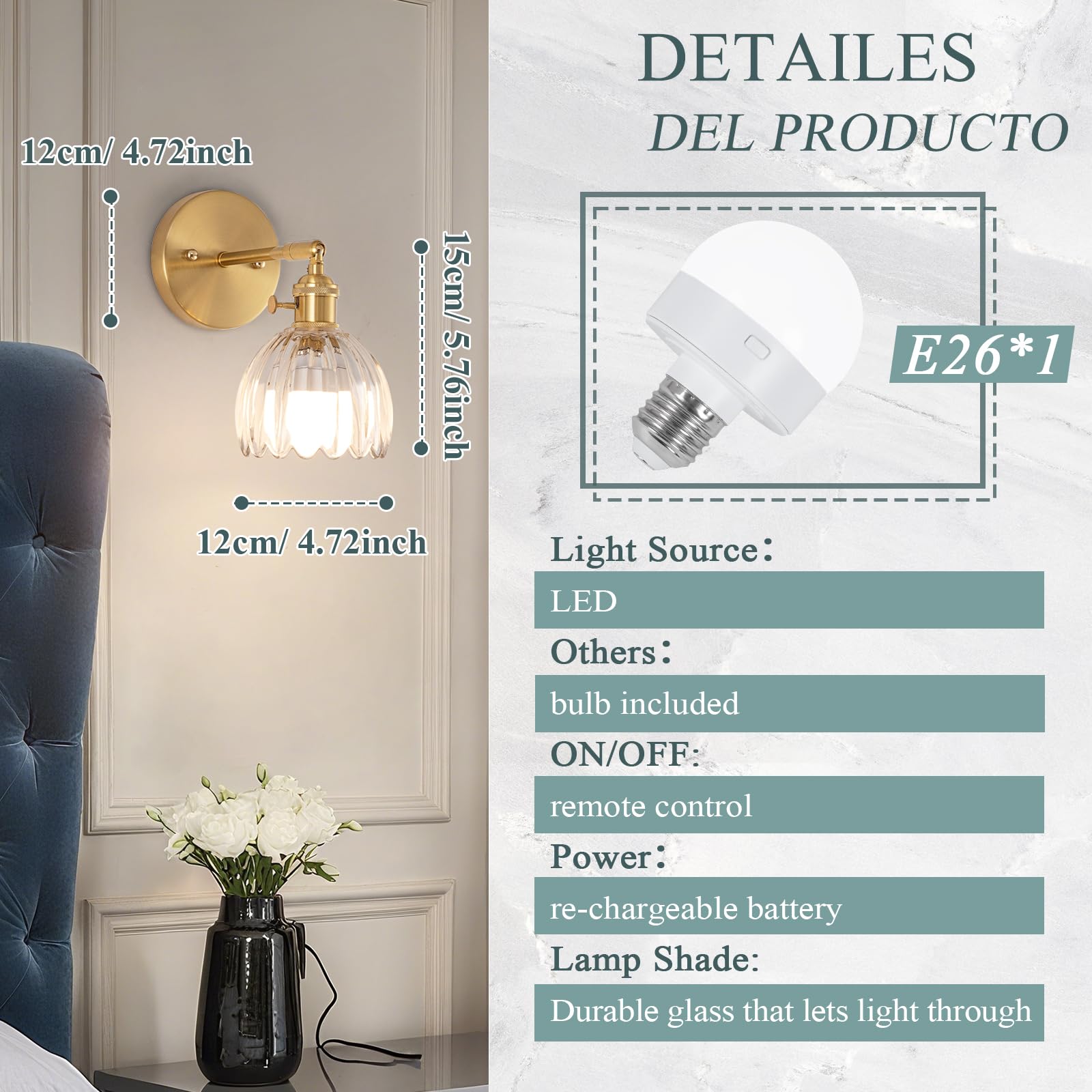 EIDEARAY Vintage Battery Operated Wall Sconce with Transparent Tulip Glass Lampshade, Remote Control, Model YLC-BRO3TB