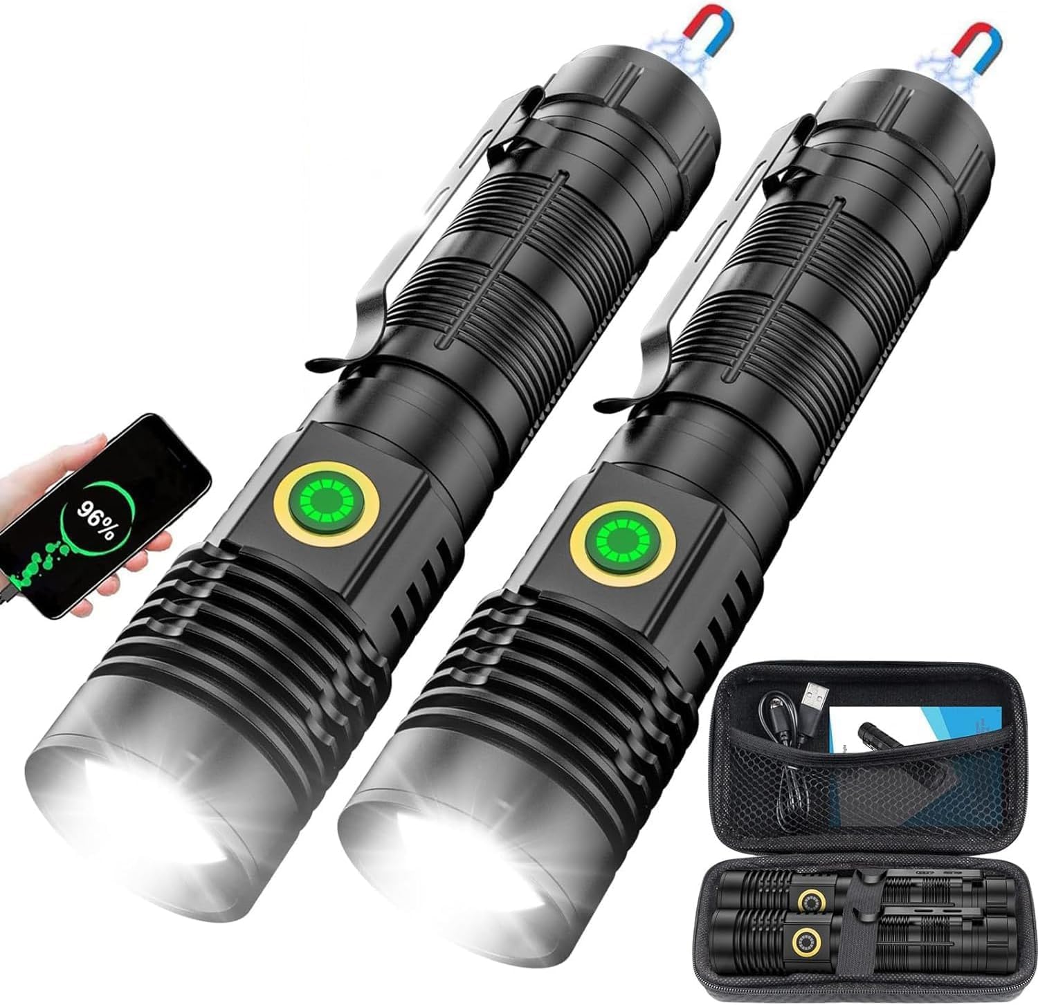 Flashlights High Lumens Rechargeable(Battery Included), Super Bright Powerful Small Magnetic Flashlight, 6 Mode, Zoomable, Water