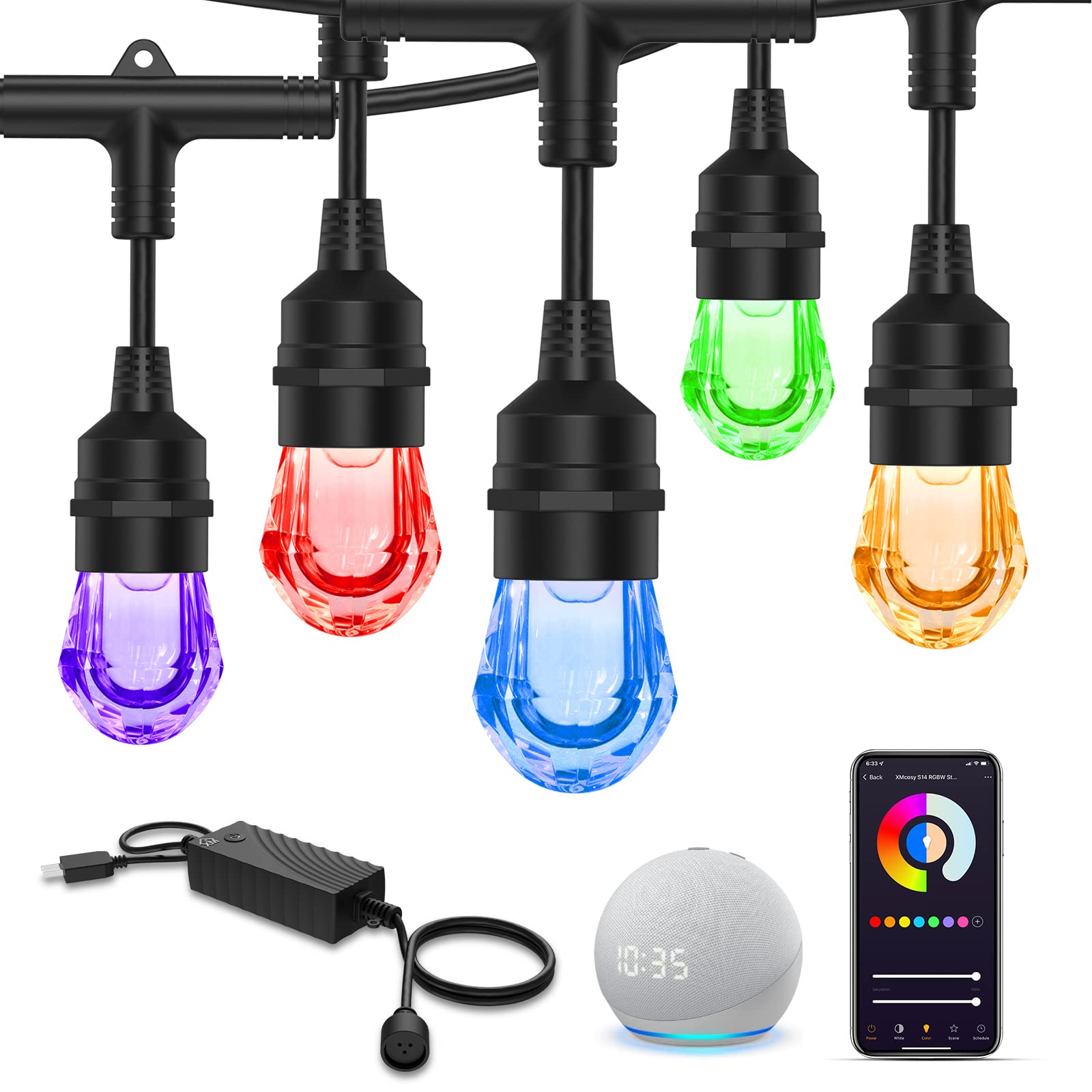 XMCOSY+ Smart Outdoor String Lights Color Changing - 64ft RGB LED Patio Lights with 24 Acrylic Bulbs, APP WiFi Control, Work with Alexa, Google, IP65 Waterproof for Halloween Decorations, Christmas