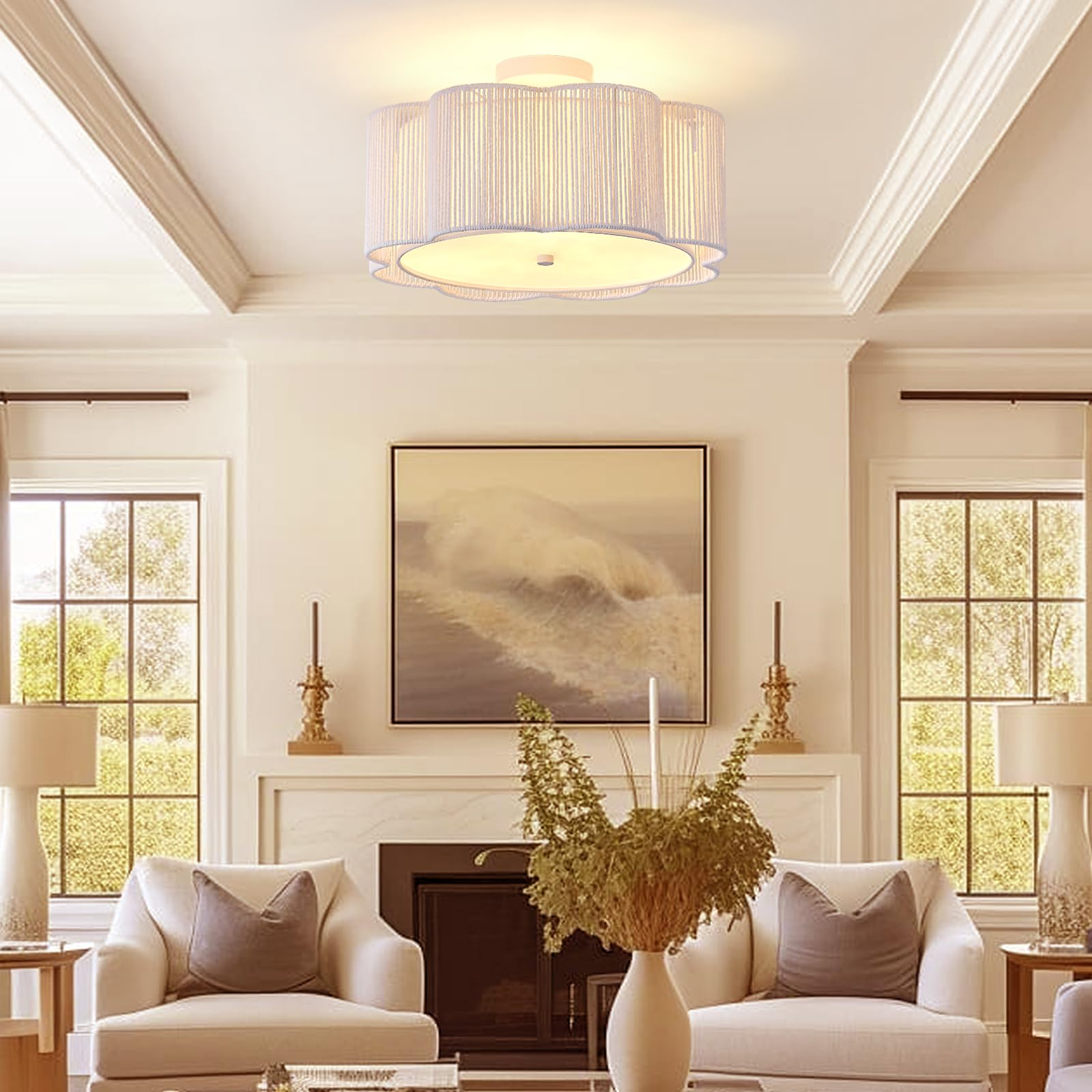 Giutna 17.7" Rattan Flush Mount Ceiling Light, 3-Light Boho Fixture, White, Model FLOWERLIGHT07