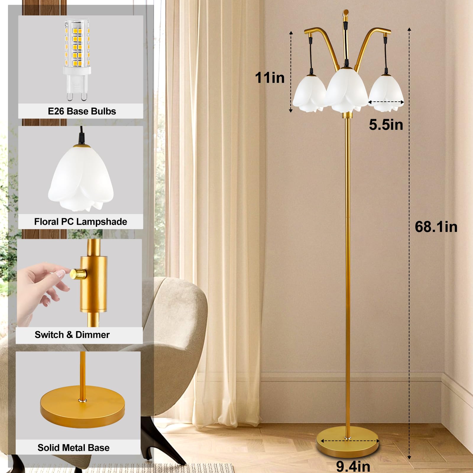 Lightdot Industrial Tree Floor Lamp, Dimmable, E26 LED Bulbs Included, Gold, Model LFLL-M-DC
