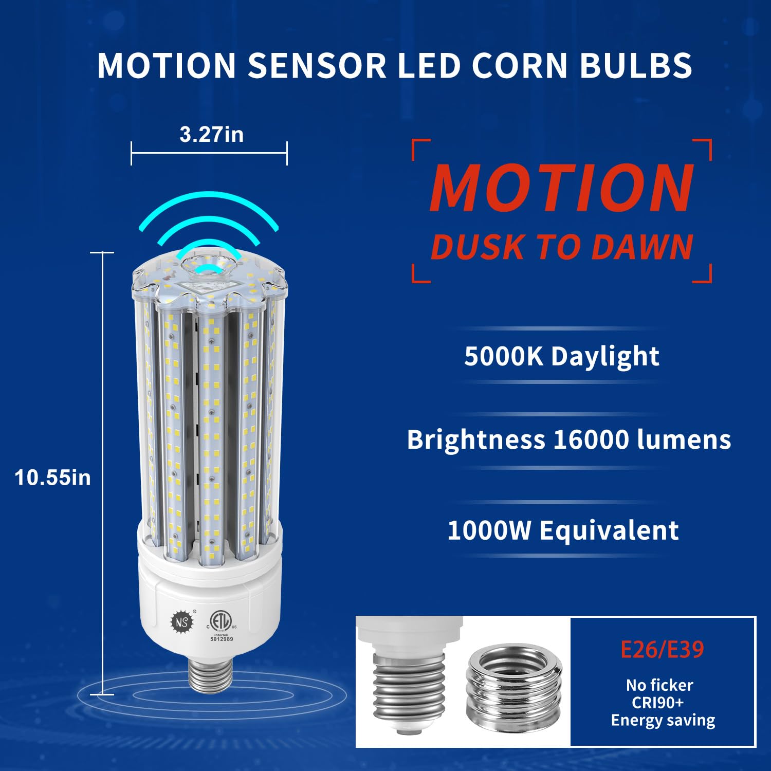 NS 100W Smart LED Bulb - Motion & Dusk-to-Dawn Sensor, E26/E39 Base, White, Aluminum, Flicker-Free, ETL Certified, Model ACL03-60