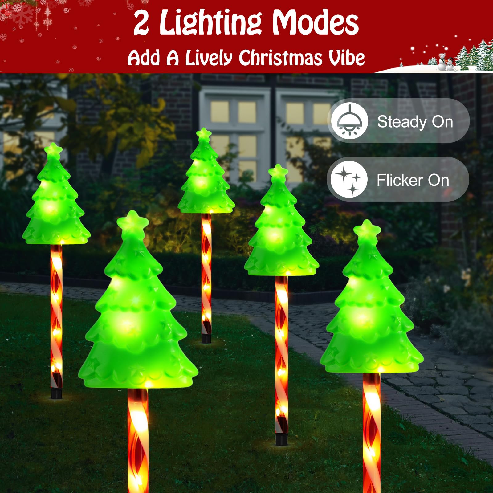 Lewondr Solar Christmas Pathway Lights, 5 Pack, Warm Light, Waterproof, Model HD250153, with Red Pole and Garden Stake