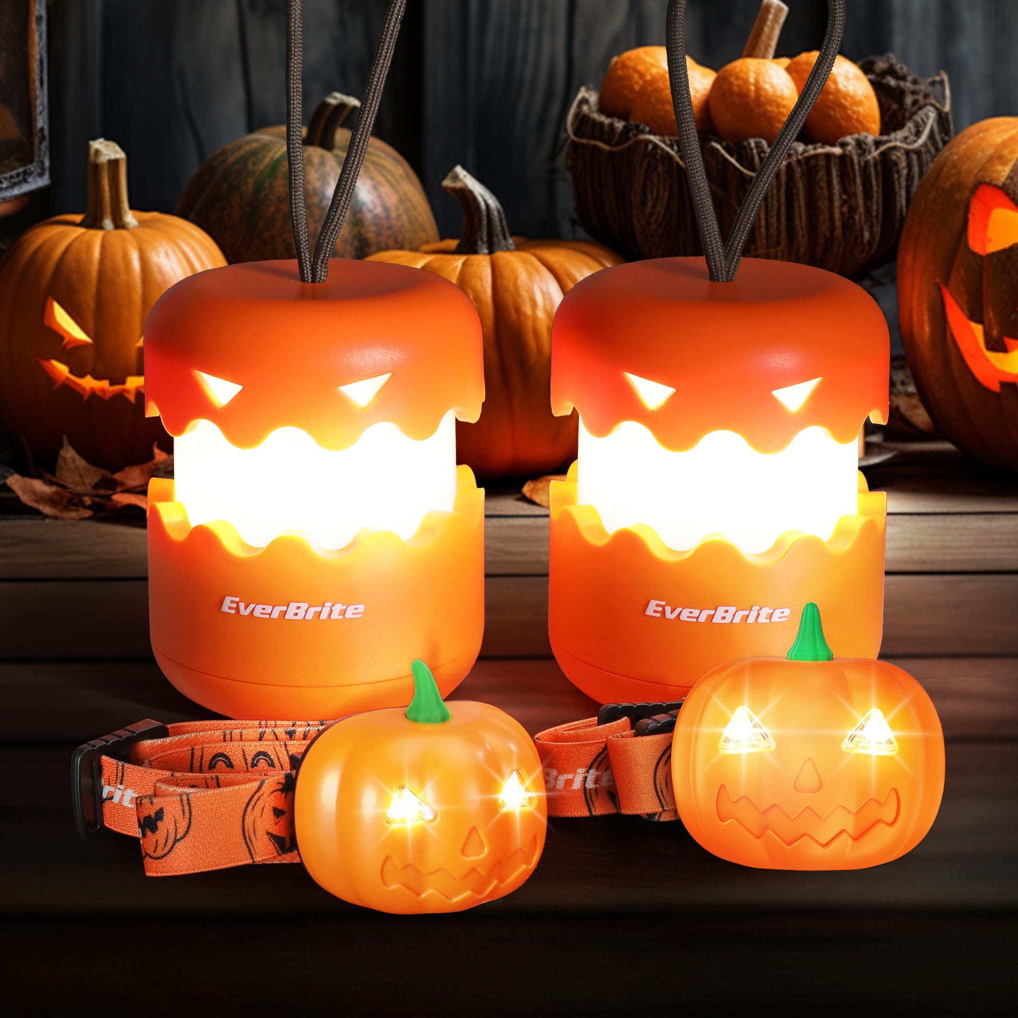EverBrite Halloween Pumpkin Lantern and Headlamp Set (2 of Each), Collapsible Outdoor Lantern with Lanyard, 2 Modes LED Pumpkin 