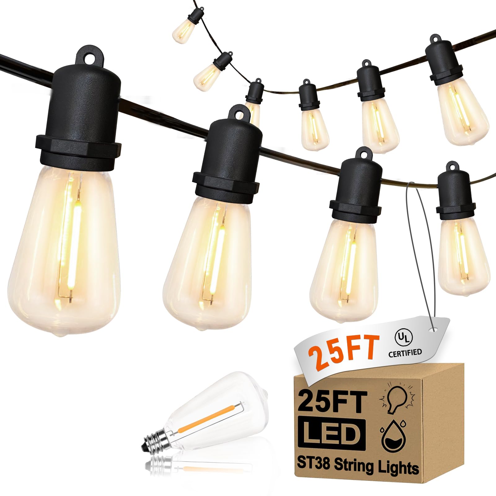 Konictom 25Ft Led Outdoor String Lights, 13 Warm White Shatterproof Bulbs For Patio & Garden Decor