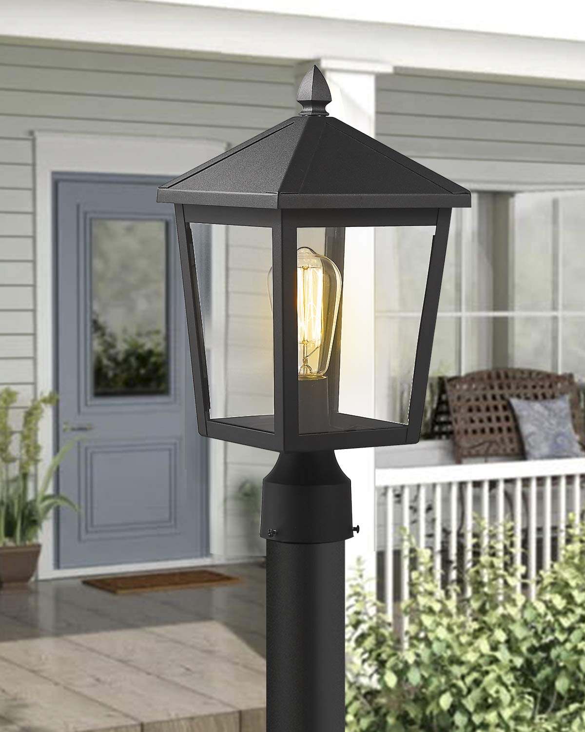 zeyu Outdoor Post Light - 16 Inch Black Metal Lantern with Clear Glass Shade, Large - 1 Pack, Model 20076P