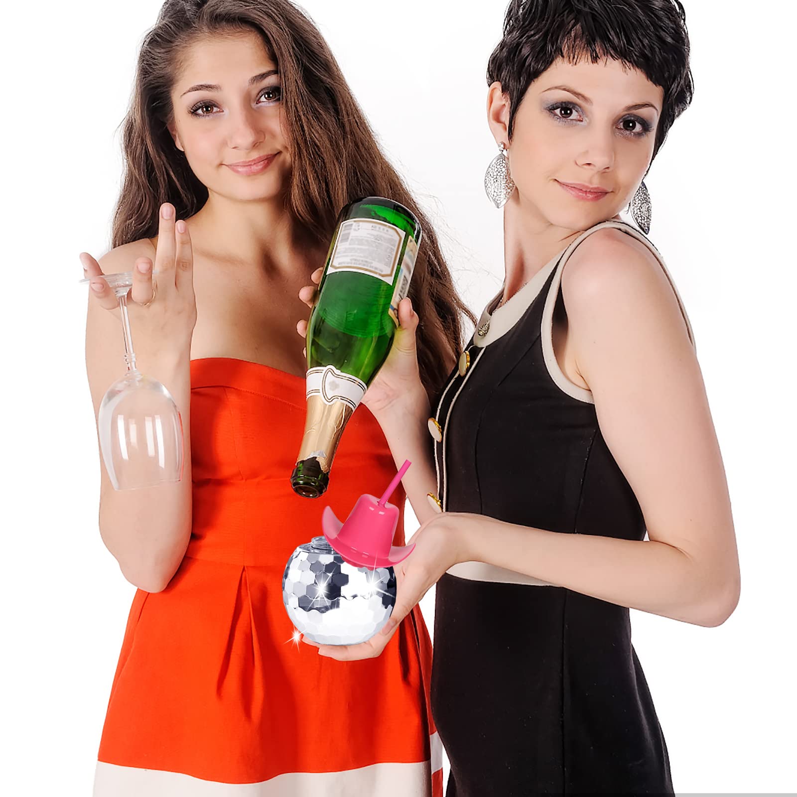 Tongnian Disco Ball Cups, 6 Pcs Silver Plastic Tumblers with Cowboy Hat Lid and Straw, RY-0069, Party Supplies