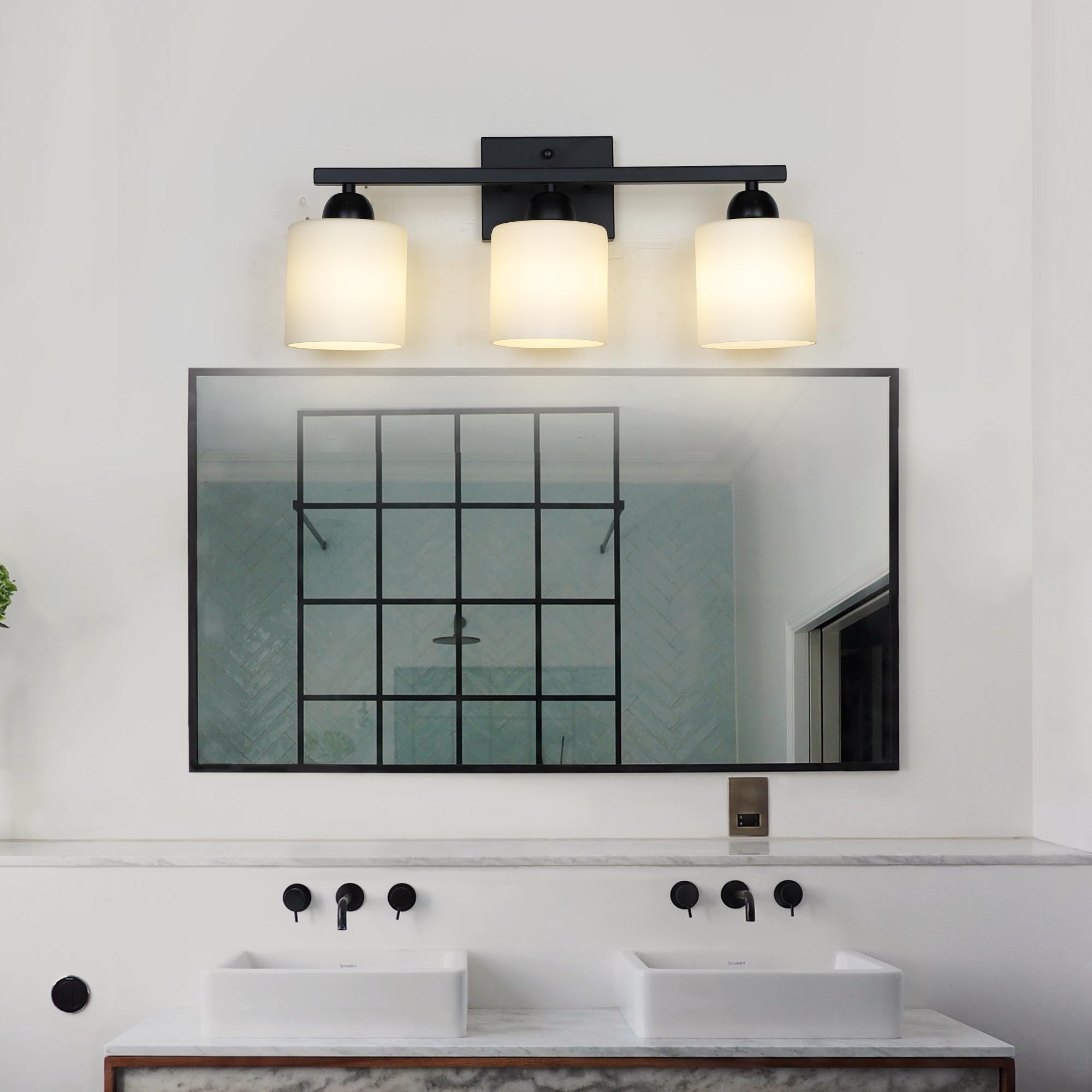 Mecgirn 3 Light Bathroom Vanity Light Fixture, Matte Black Metal with Frosted Glass, Model B0003-3-Black