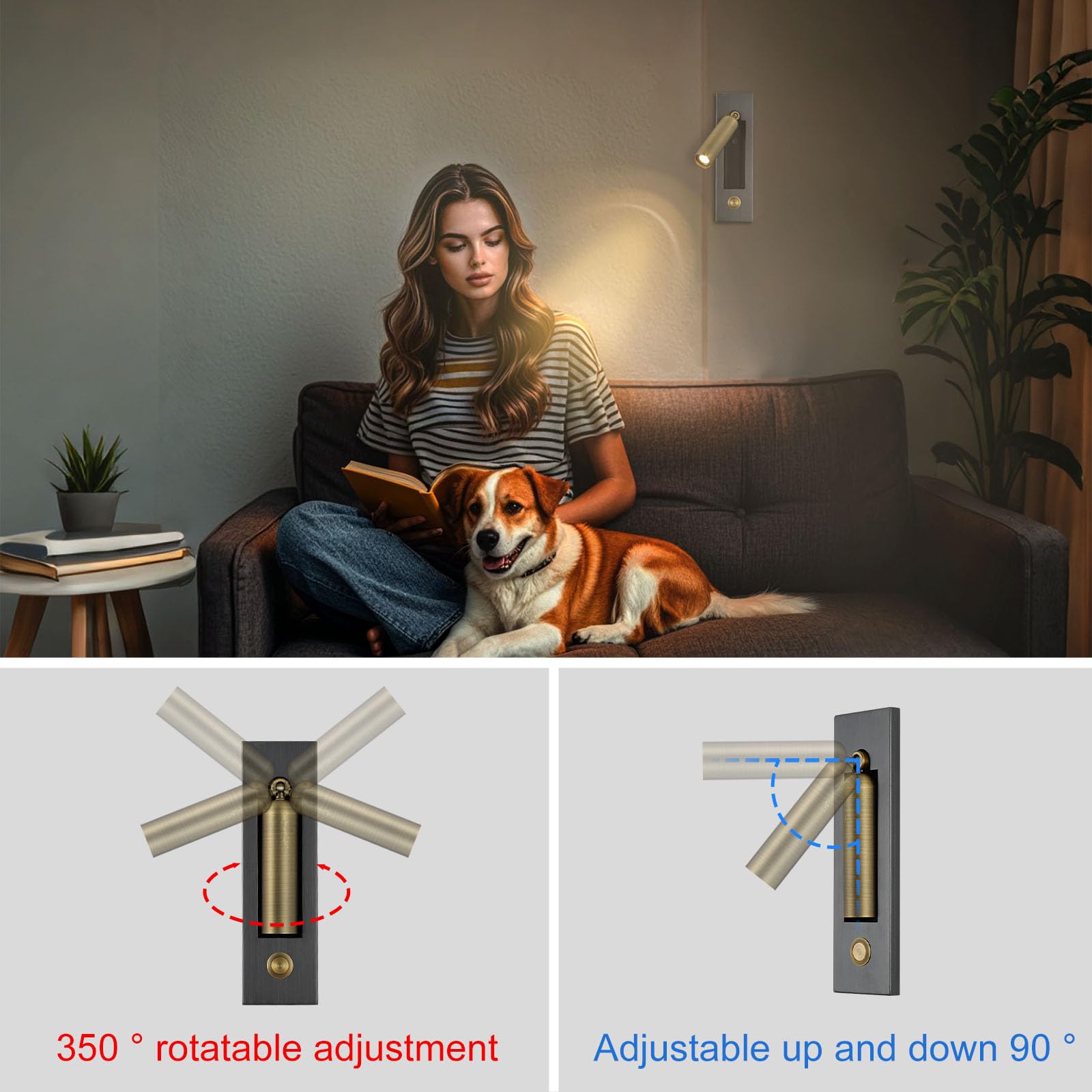 YFMYY LED Bedroom Wall Light Sconce - 360° Rotatable, Brass+Black, Metal, Model S-2306, Bedside Reading Lamp