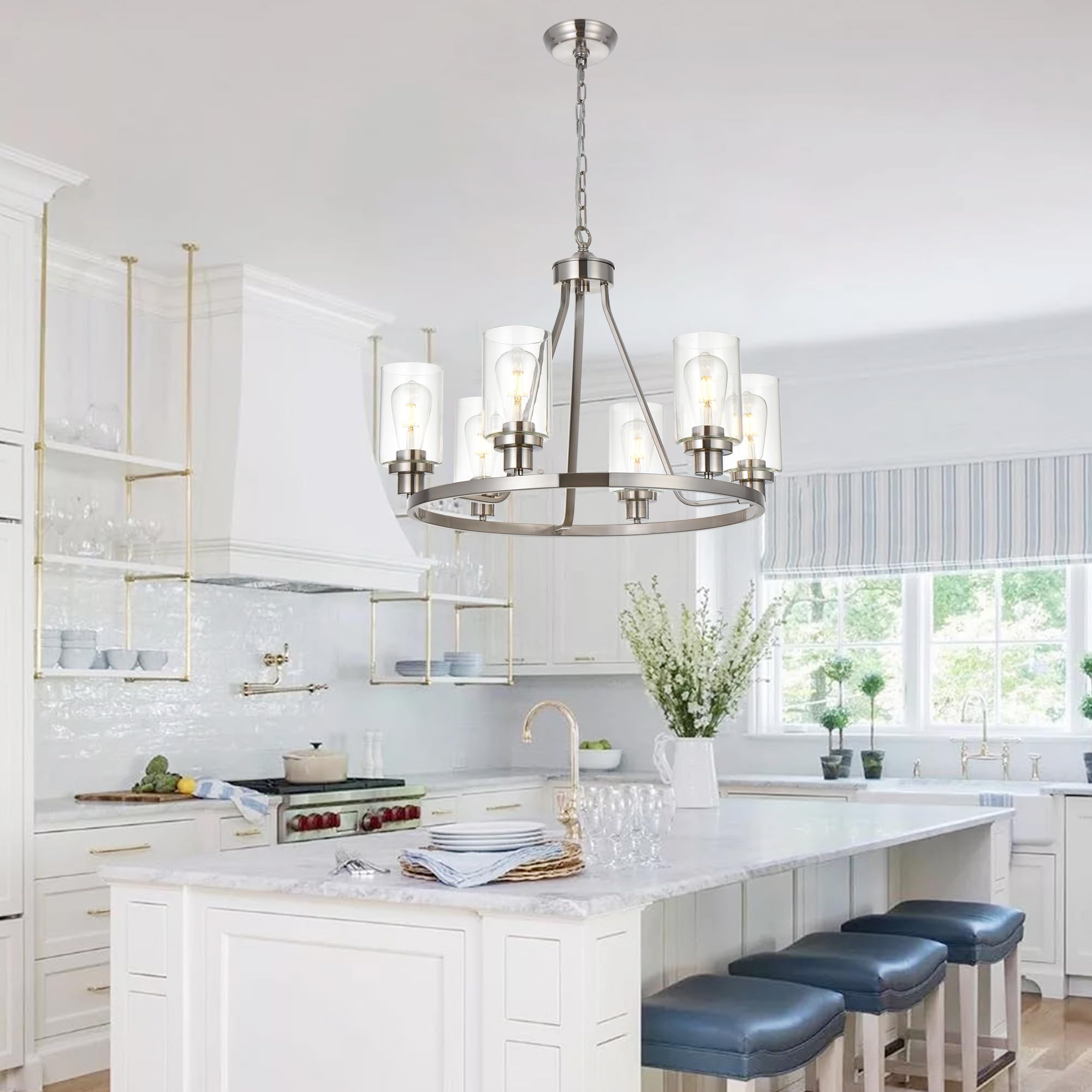 MELUCEE 6 Lights Round Chandelier Brushed Nickel Island Lighting Dining Room Lighting Fixtures Hanging Glass Pendant Light for K