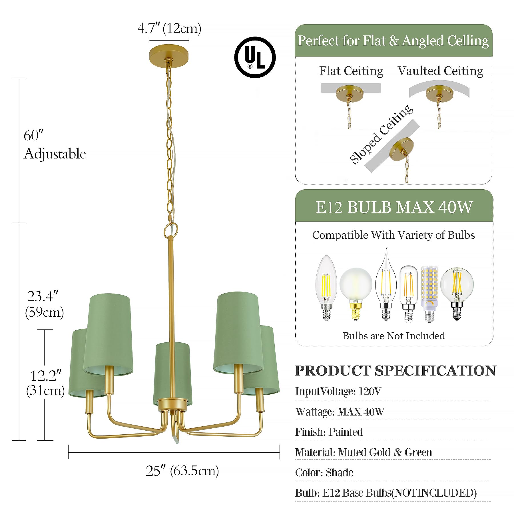 Homebelife Chandelier, Gold With Muted Green Linen Fabric Shade, Farmhouse Linear Island Lighting Fixture For Kitchen, Dining Ro