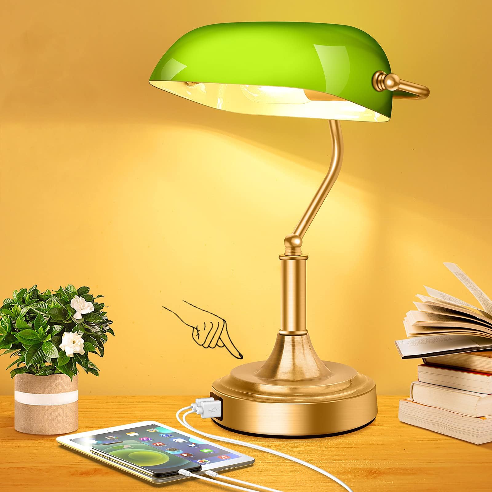 Bankers Lamp With 2 Usb Ports, Touch Control Green Glass Desk Lamp With Brass Base, 3-Way Dimmable Vintage Desk Lamp For Home Of