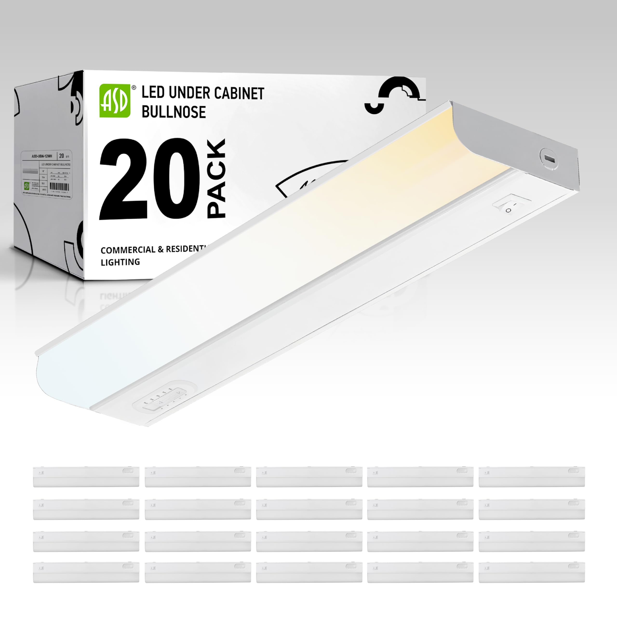 ASD 20 Pack 18 Inch LED Under Cabinet Lighting Hardwired, On/Off & Color Temp Switch, 10W 807LM, 5CCT 2700K-5000K CRI90+, Dimmab
