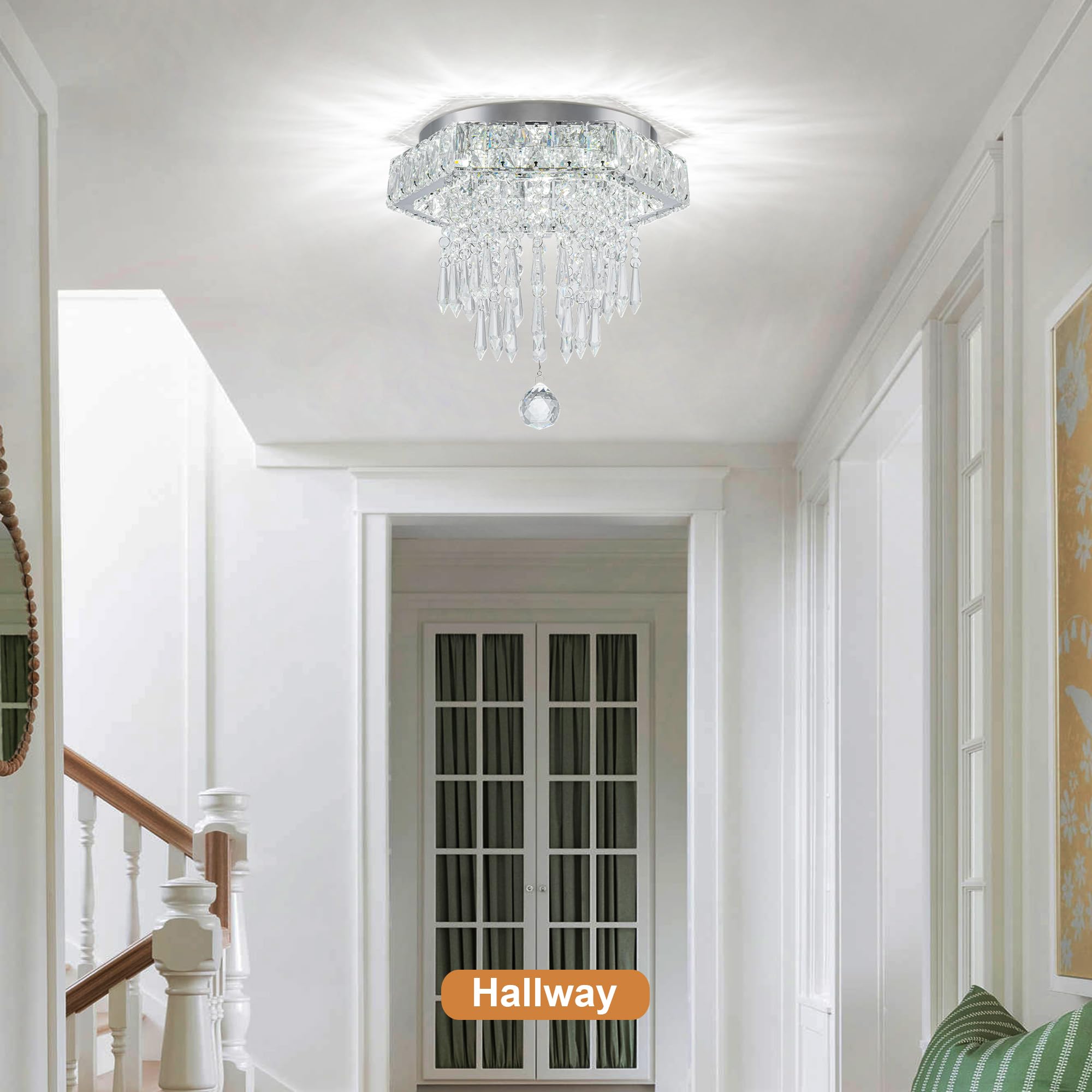 Cainjiazh Modern Crystal Chandelier, 11.8'' Hexagon, 6500K Cool White, Energy Efficient, Bedroom, Dining Room, Living Room