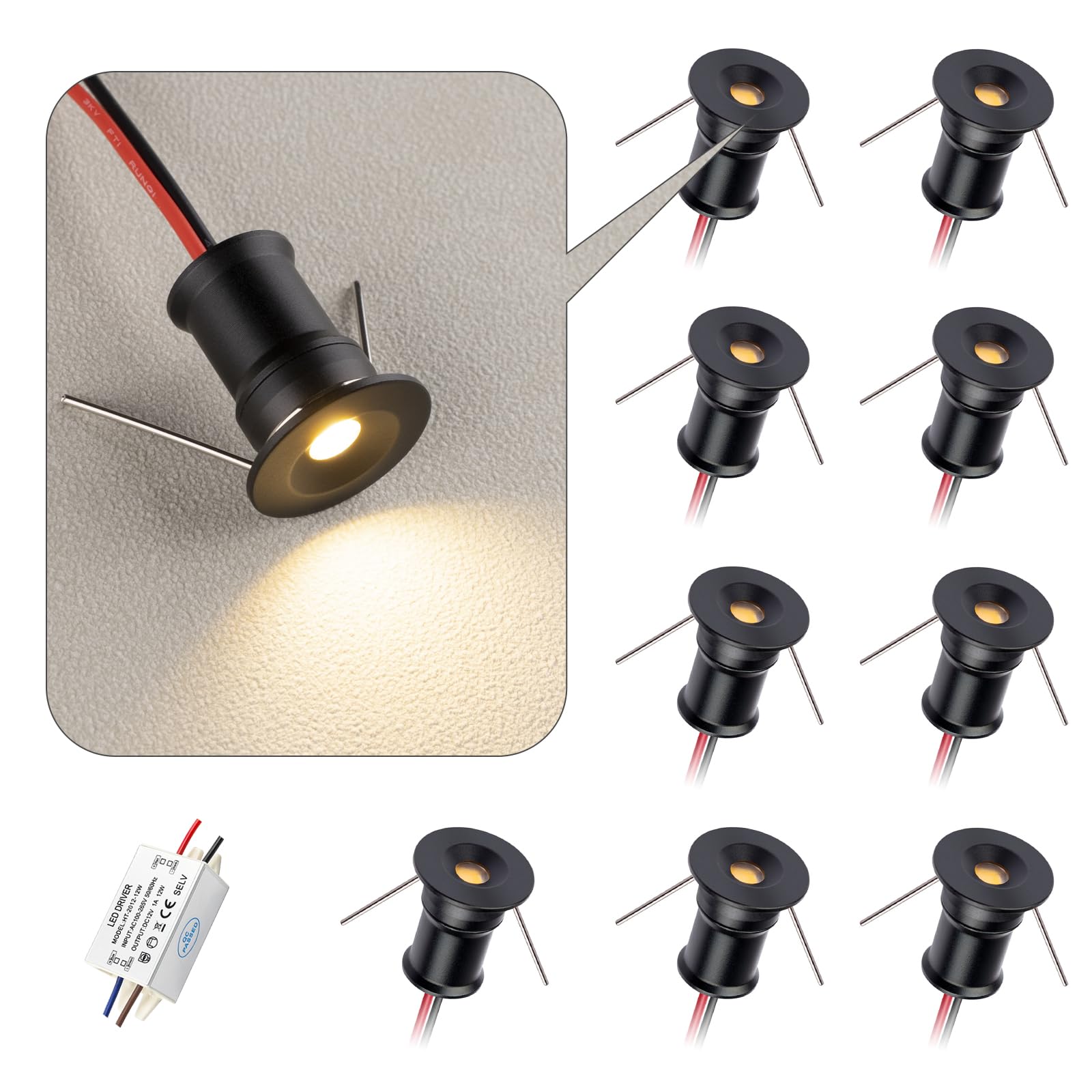 Hhtun 902 Led Mini Spotlight Dc12V 1W Suitable For Bookcases Cabinets And Various Display Cabinets As Decorative Lights Embedded Installation Soft Lighting With Power Supply (4000K Black 9Pack)