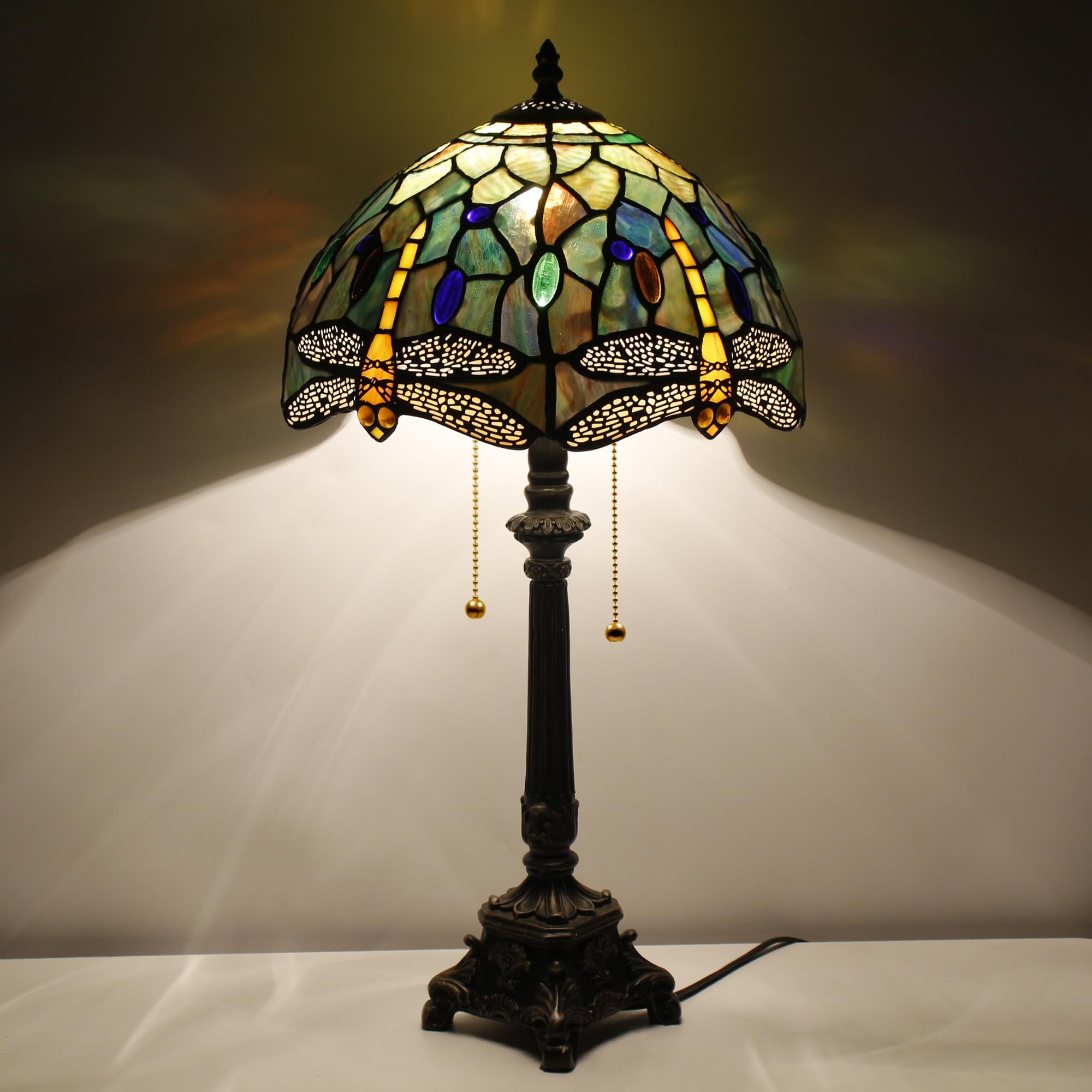 L-Juicwe Tiffany Lamp Stained Glass Table Lamp Brown Yellow Dragonfly Style 12  12  21 Inches Desk Reading Light Bedroom Office