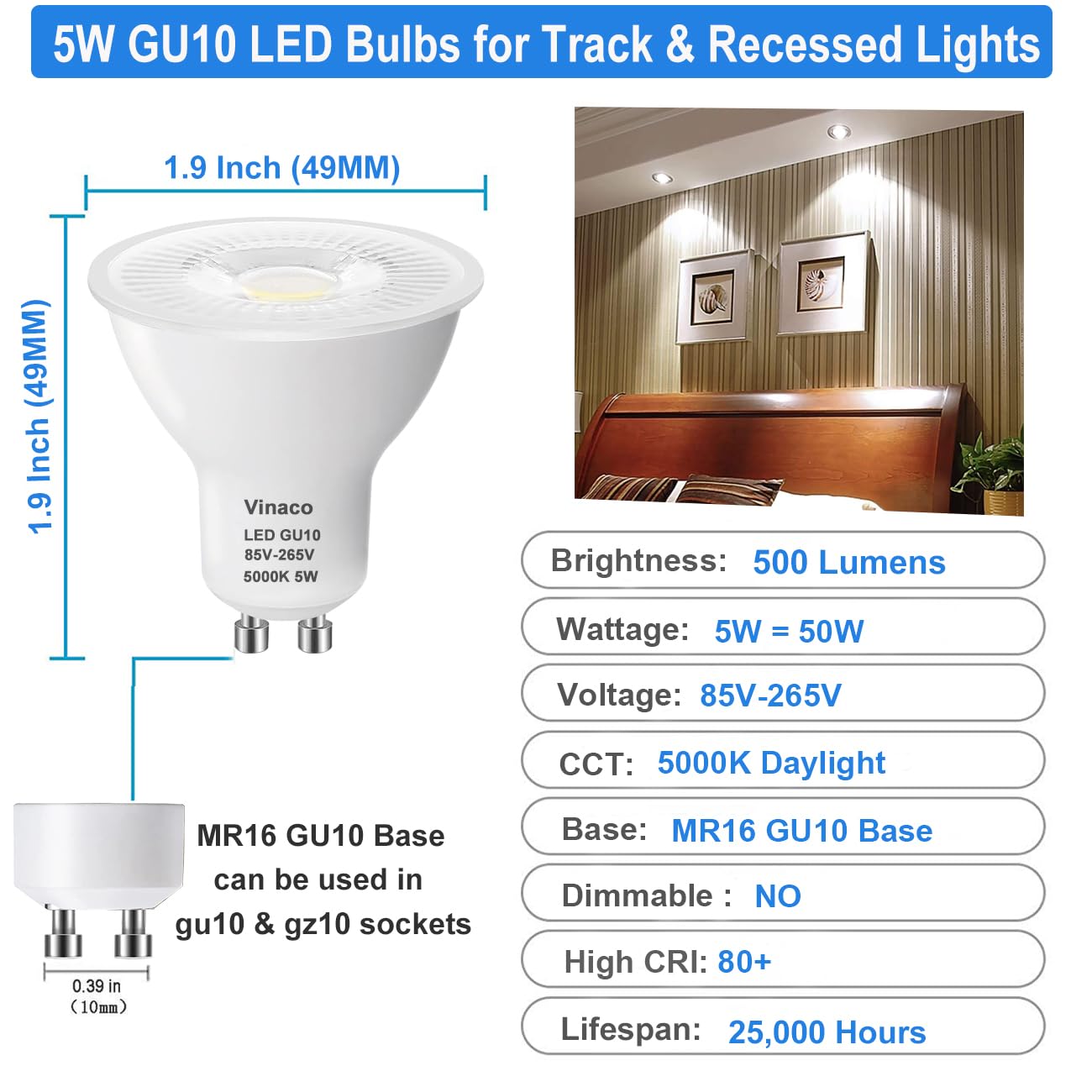 Vinaco Gu10 Led Bulb 5000K Daylight, 6 Pack Gu10 Bulb 50 Watt Halogen Equivalent, Long Lifespan 500Lm Mr16 Led Bulb Non-Dimmable