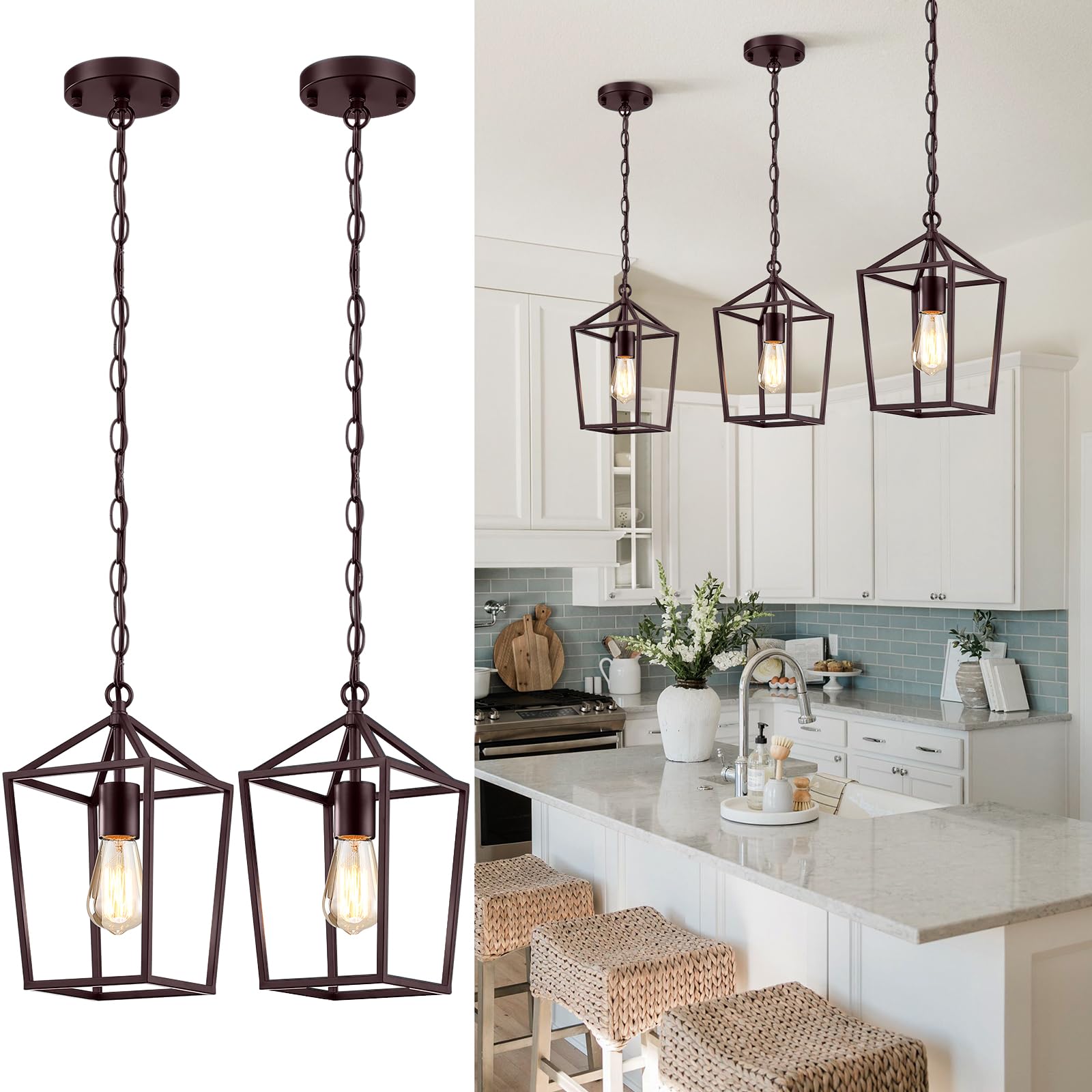 Sheetea 2-Pack Farmhouse Pendant Lights, Modern Kitchen Pendant Lighting with Metal Cage Design, Sloped Ceiling Adaptable, Brown