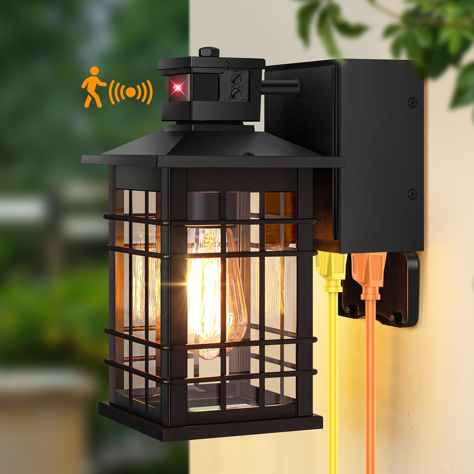Kondras Motion Sensor Porch Light - 11.4'' Waterproof Outdoor Wall Fixture, Black, Aluminum, Model 0815-BK, 3 Modes, GFCI Outlets