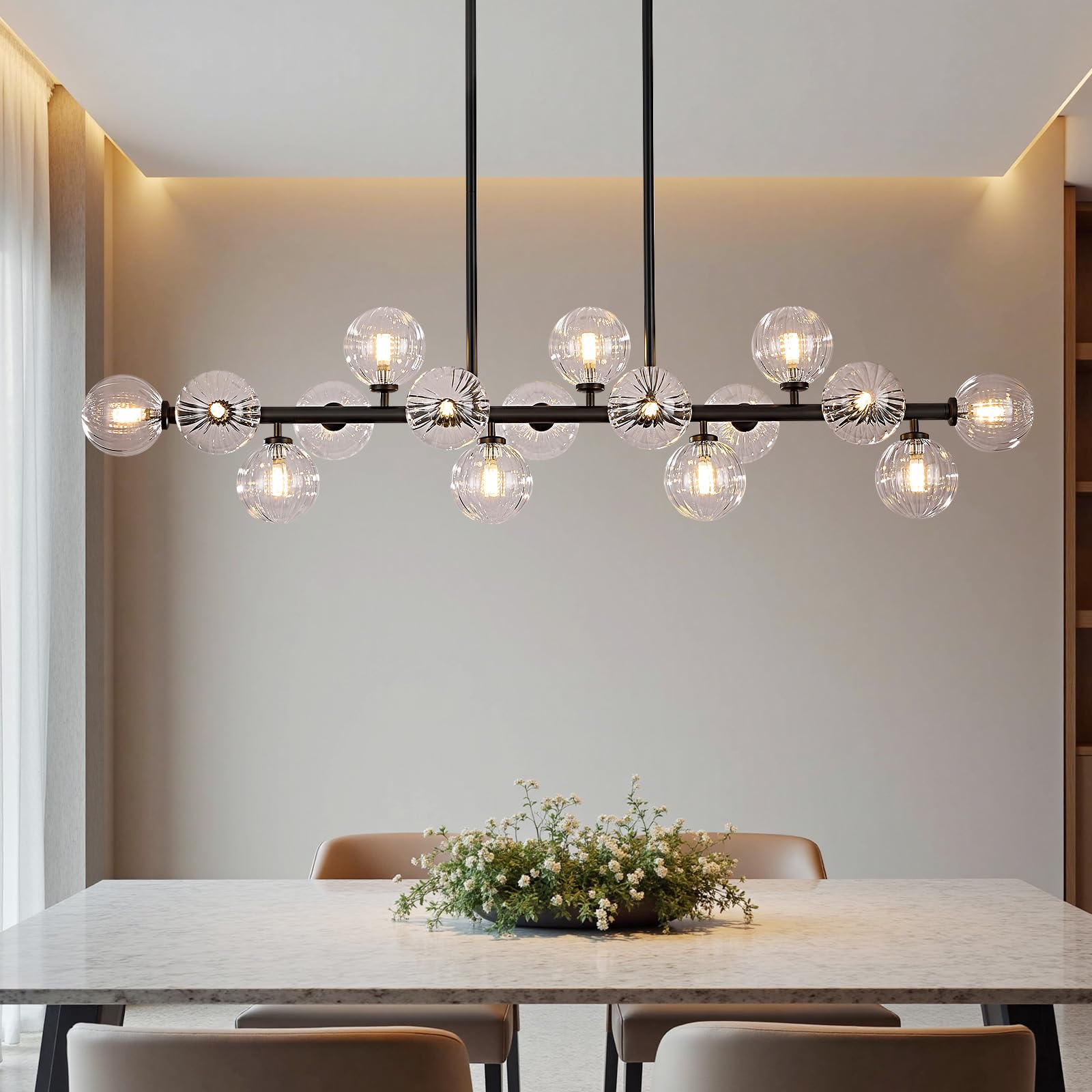 PiWWPi Large Linear Chandeliers for Dining Room Kitchen Island, 55 Long Light Fixture Over Table, 16-Light Modern Glass Globe Sp