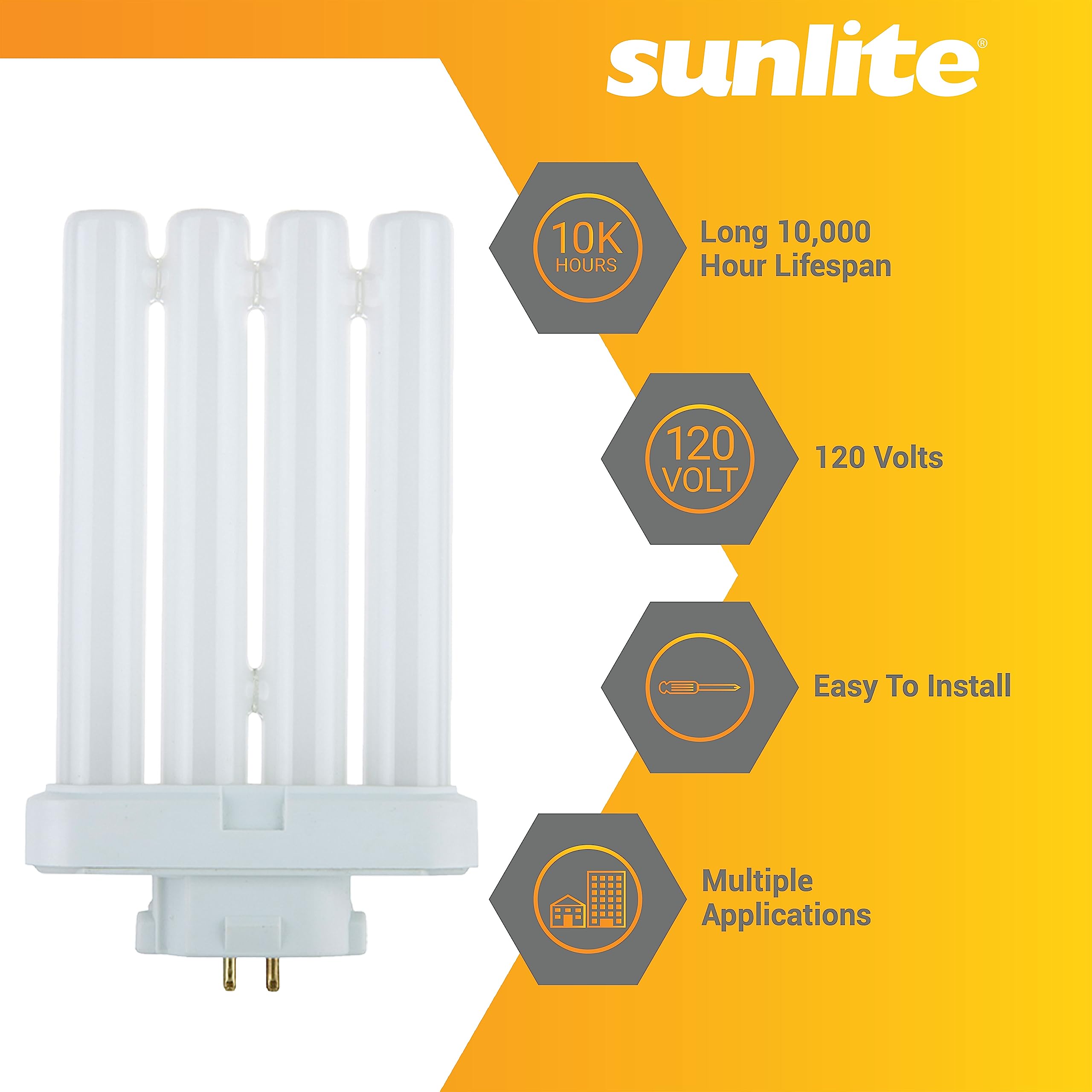 Sunlite 40530 Fml27/30K/2Pk Quad Tube Plug-In Compact Fluorescent Lamp, Fml 4-Pin, 27 Watts, 1500 Lumens, 3000K Warm White, 4-Pi