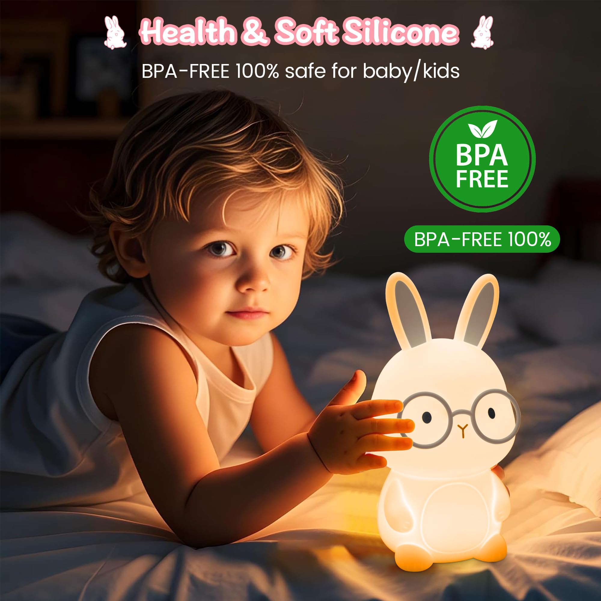 FAMIDUO Bunny Night Light, Rechargeable LED Rabbit Lamp, Silicone, Color Changing, 3 Levels Dimmable, White-Gray, Model XR-MM-L2414