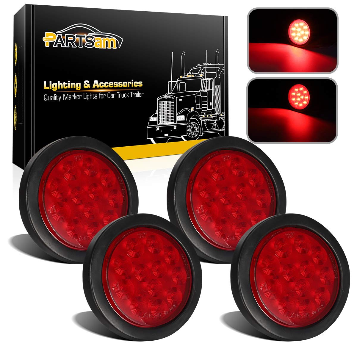 Partsam 4Pcs 4 Inch Round Led Trailer Tail Lights Kit Red 12 Led Waterproof 4'' Brake Stop Turn Tail Marker Trailer Lights Seale