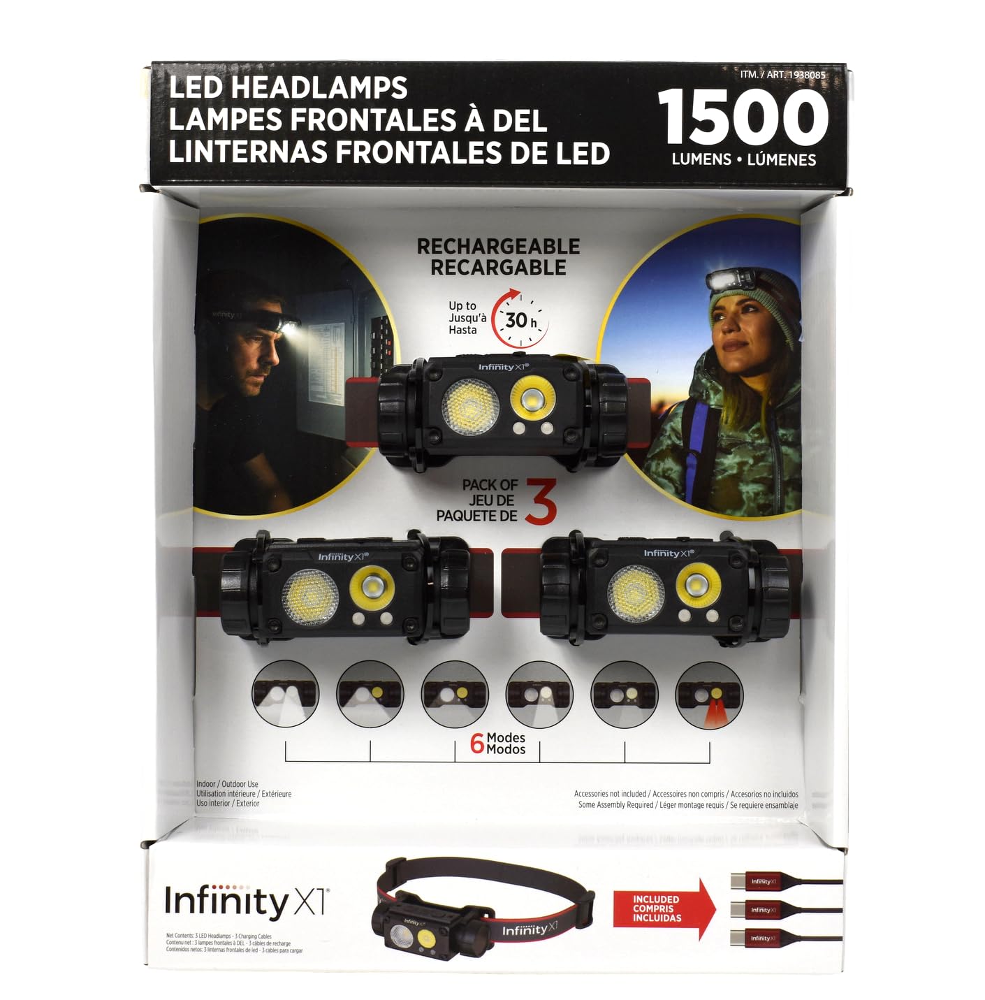 Infinity X1 Rechargeable LED Headlamps, 1500 Lumens, Up to 30 Hours Runtime, 6 Modes, 3-Pack