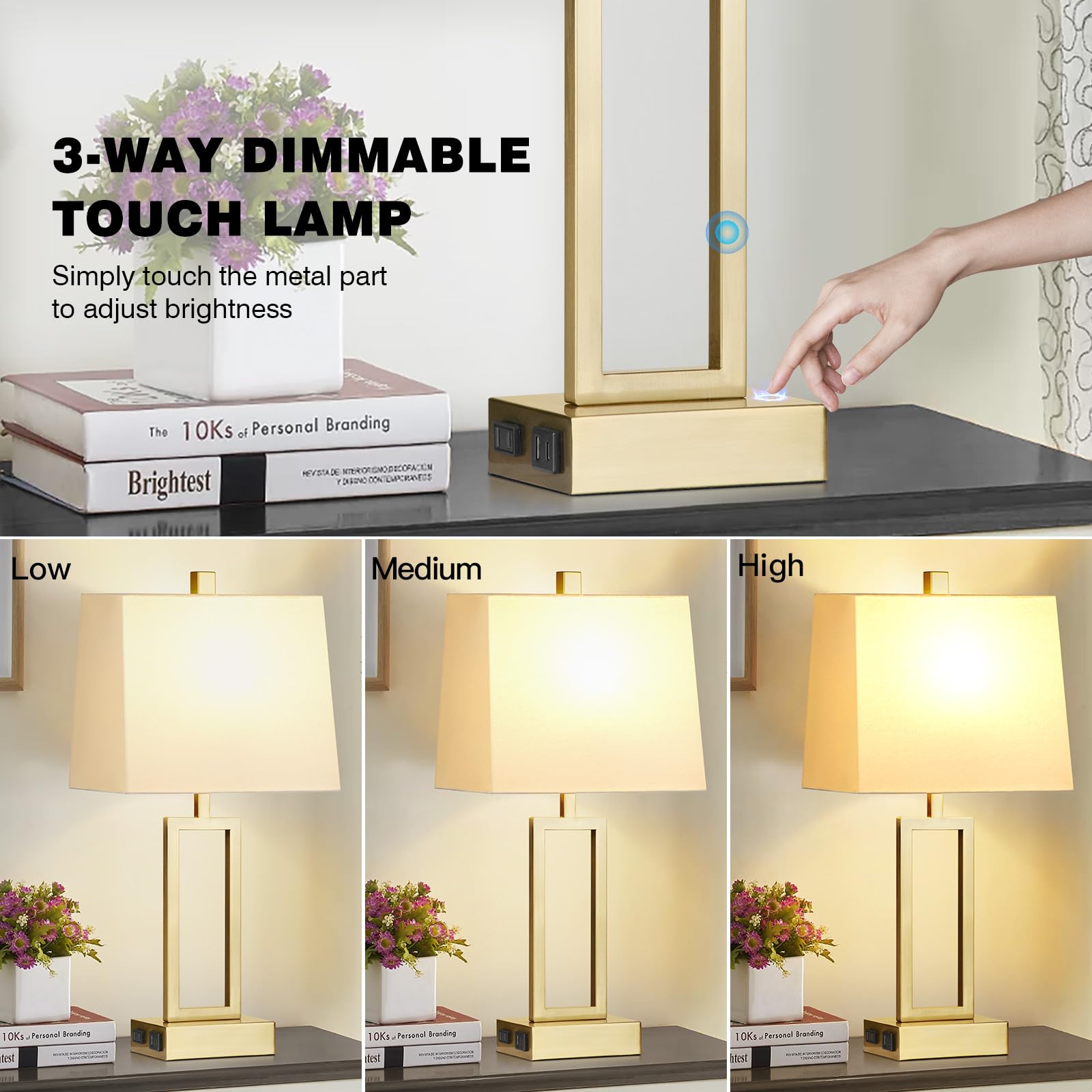 Rinweey Touch Control Table Lamps Set of 2, Modern Gold Metal Nightstand Lamps with USB Ports, 3-Way Dimmable, Large