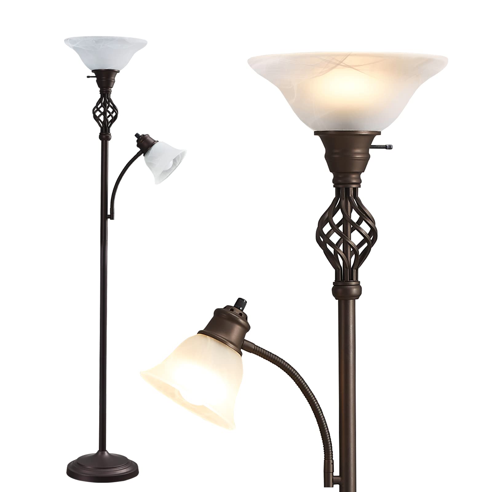 GyroVu LED Torchiere Floor Lamp - Metal with Glass Shade, Red Brown - Model 5508, Ideal for Living Room & Bedroom, Bulbs Included