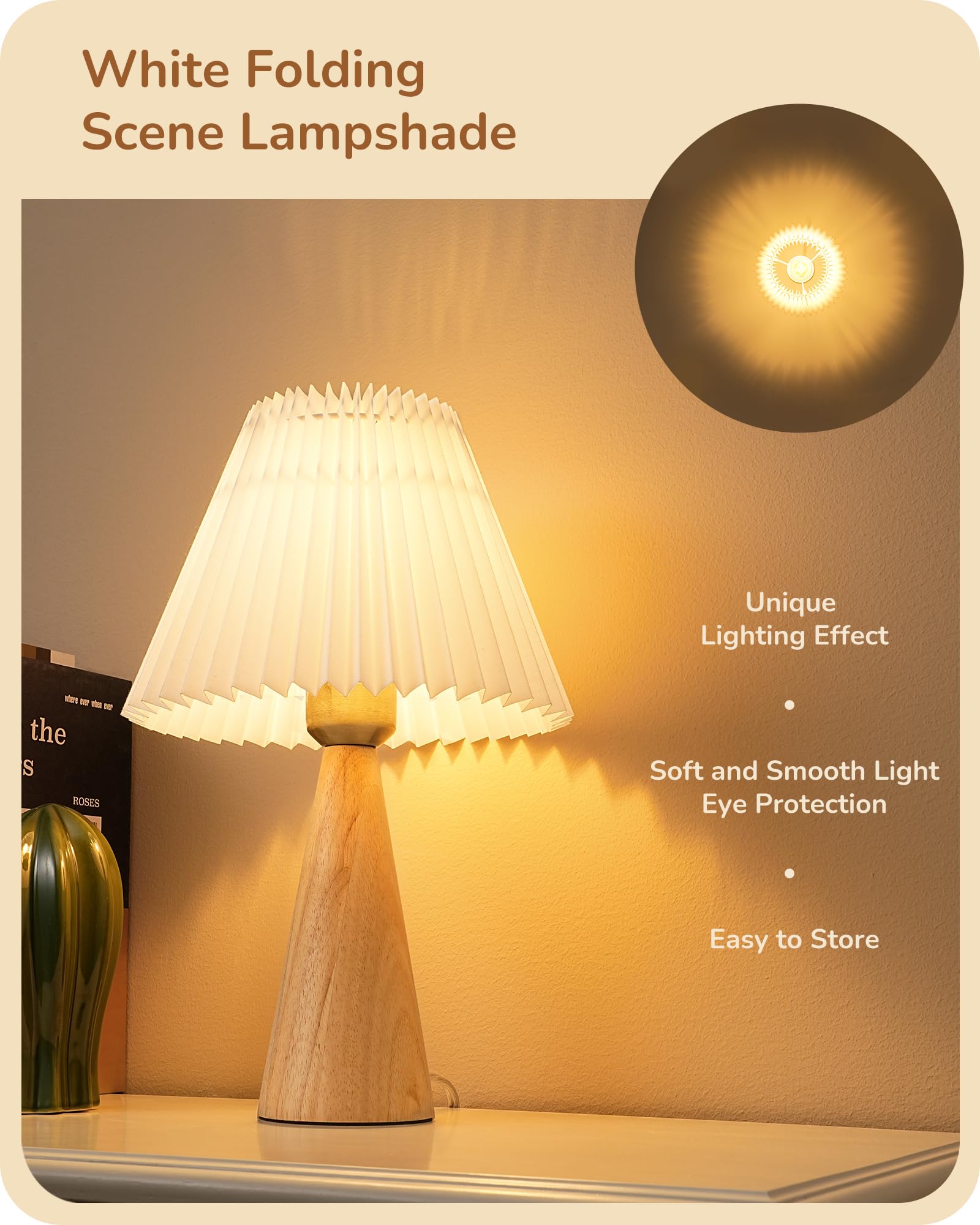 EDISHINE Small Table Lamp, Wooden Base, White Pleated Shade, Space-Saving Design, Burlywood Color, E26, ON-Off Button